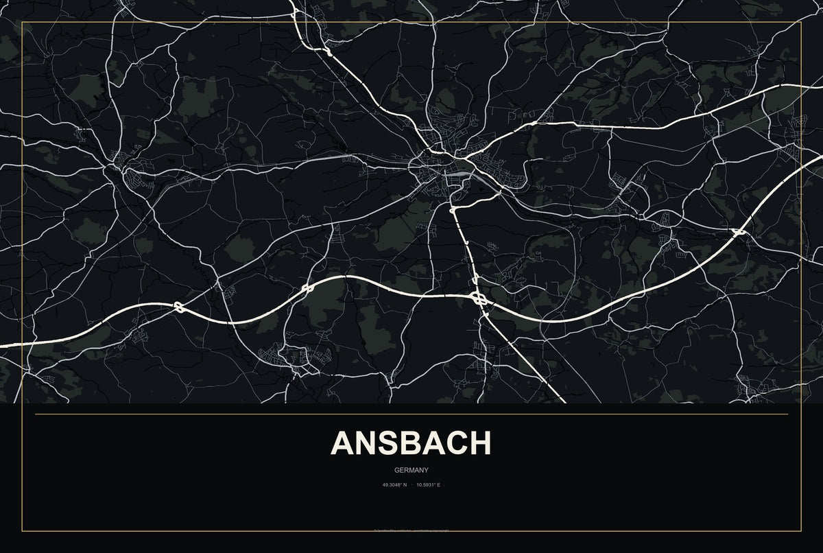 Ansbach, Germany City Map Aluminum Sign in Metropolitan Noir style