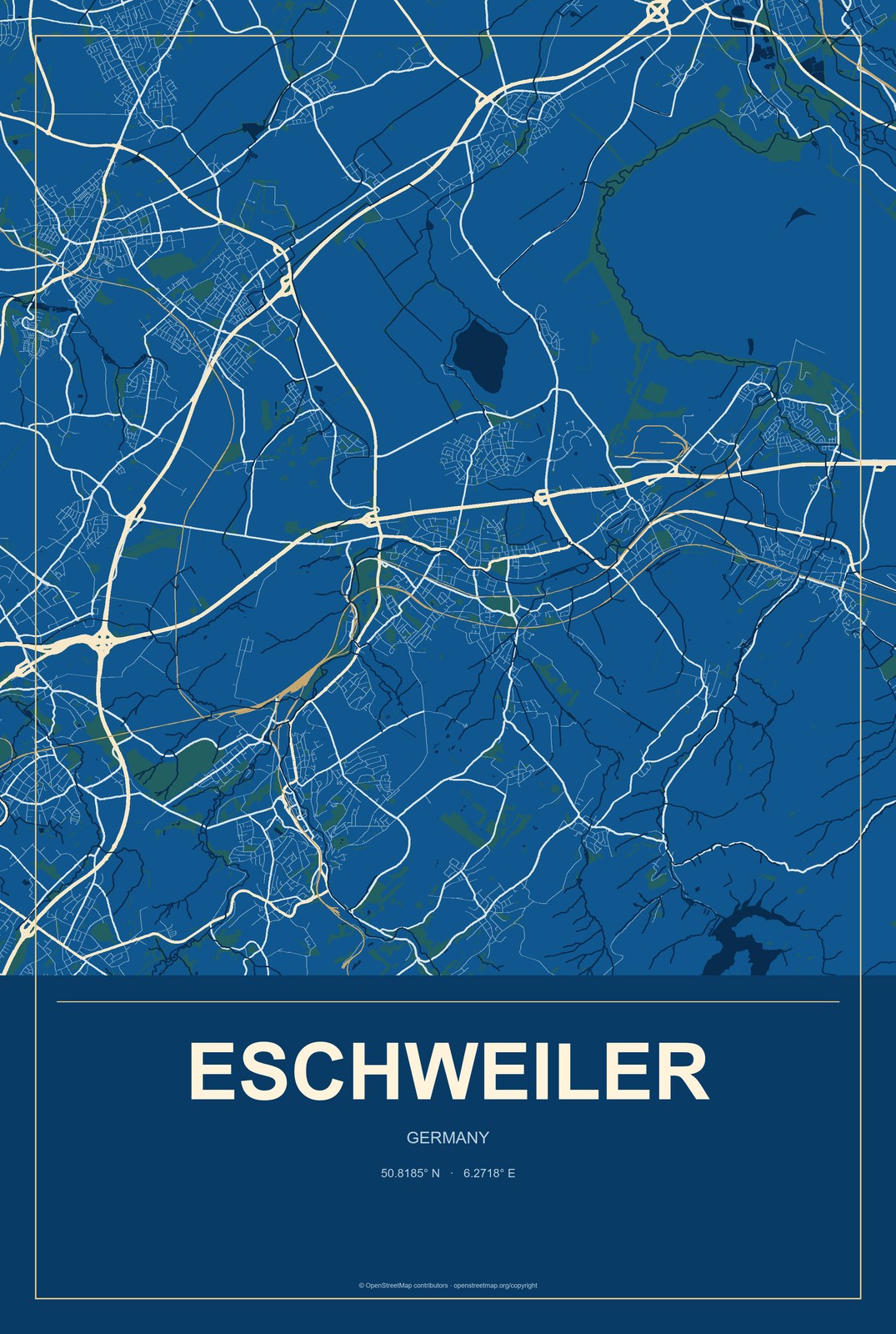 Eschweiler, Germany City Map Aluminum Sign in Harbor Cobalt style