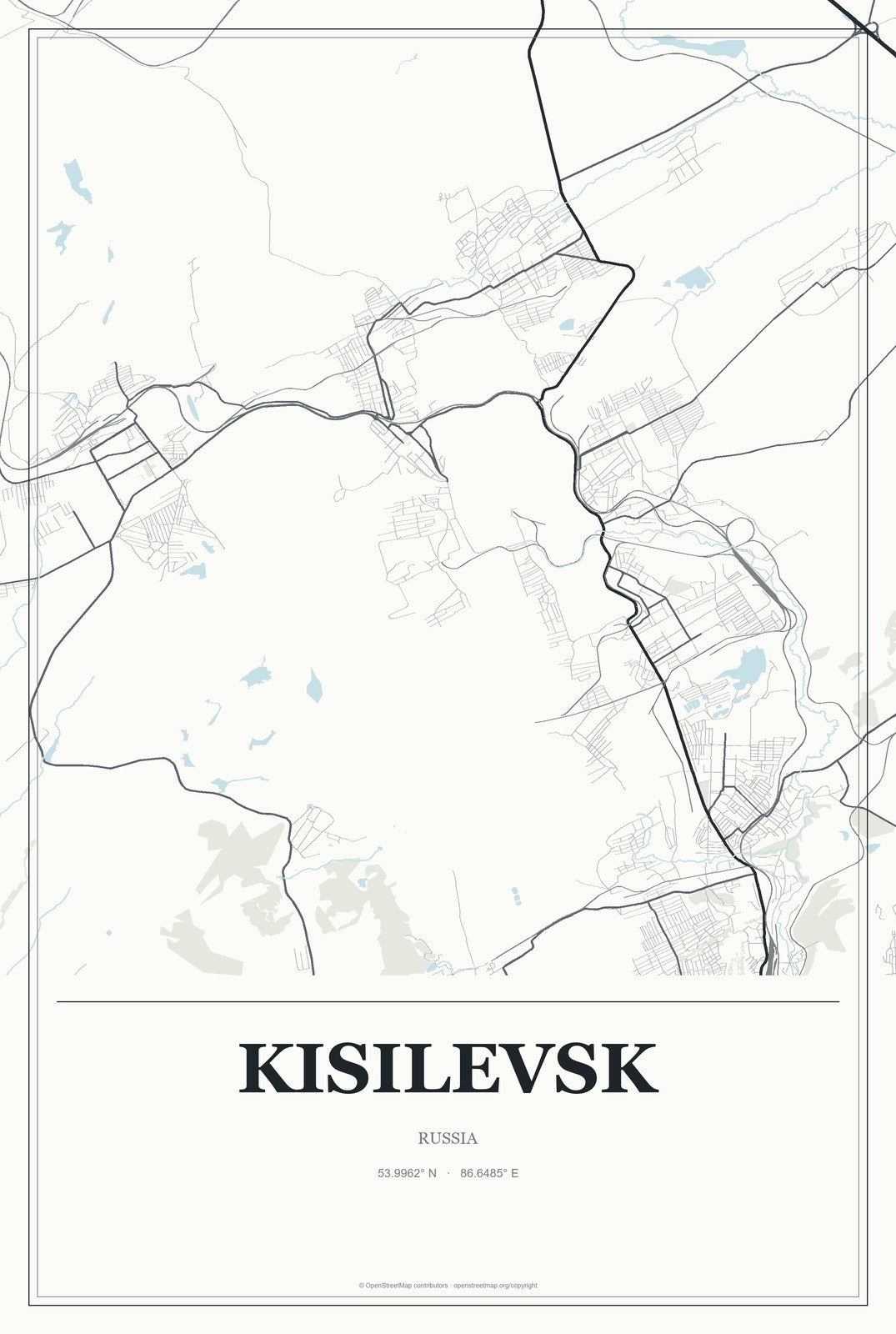 Kisilevsk, Russia City Map Aluminum Sign in Gallery Air style