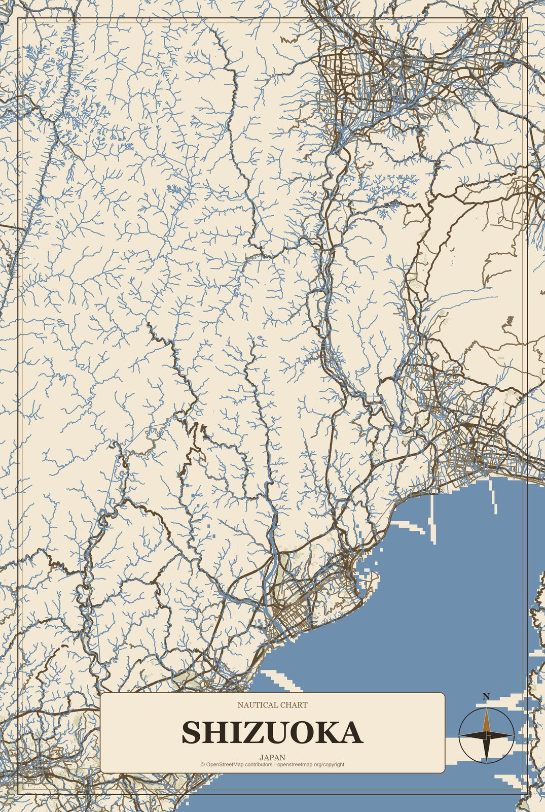 Shizuoka, Japan City Map Aluminum Sign in Heritage Nautical style