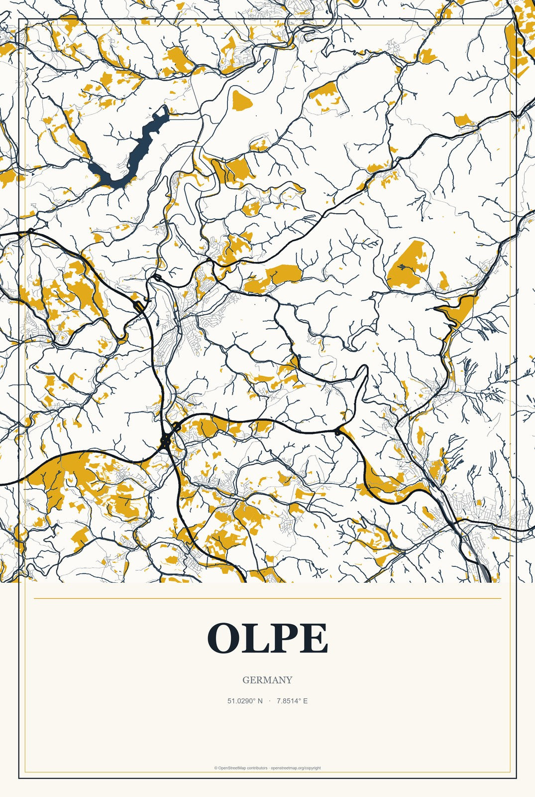Olpe, Germany City Map Aluminum Sign in Citrine Modern style