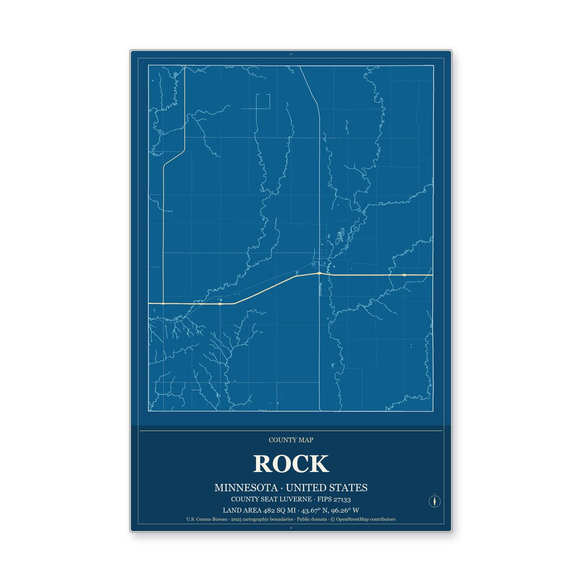 Rock County, Minnesota Map Aluminum Sign in Harbor Cobalt style