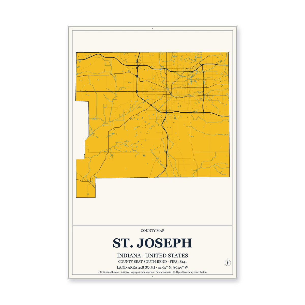 St. Joseph County, Indiana Map Aluminum Sign in Citrine Modern style
