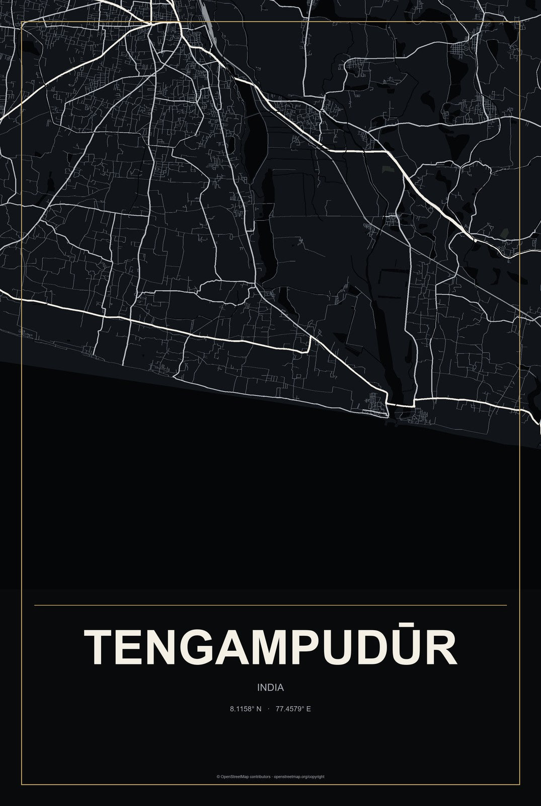Tengampudūr, India City Map Aluminum Sign in Metropolitan Noir style