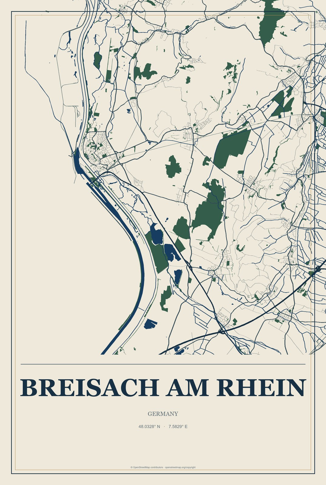 Breisach am Rhein, Germany City Map Aluminum Sign in Coastal Cutout style