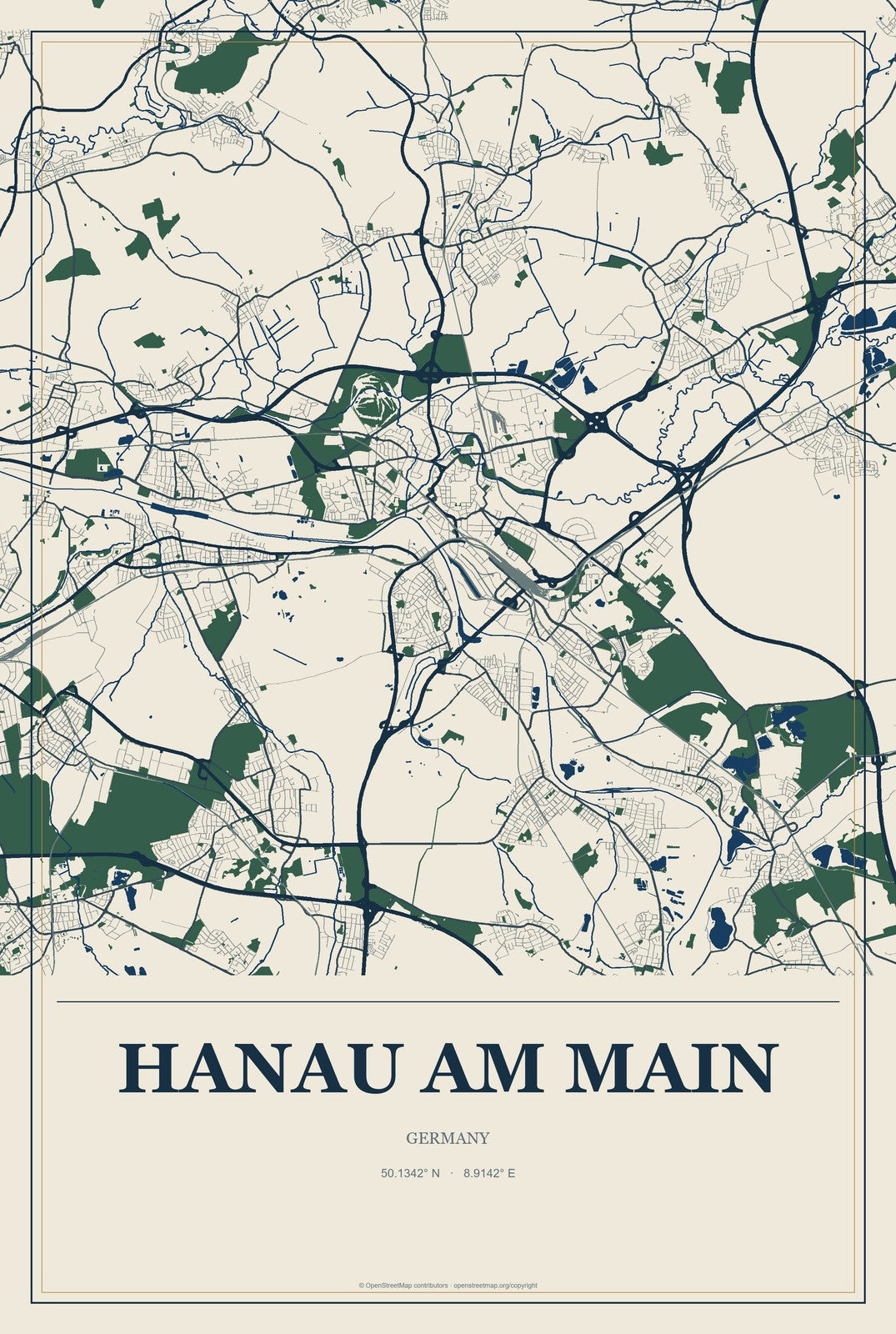 Hanau am Main, Germany City Map Aluminum Sign in Coastal Cutout style
