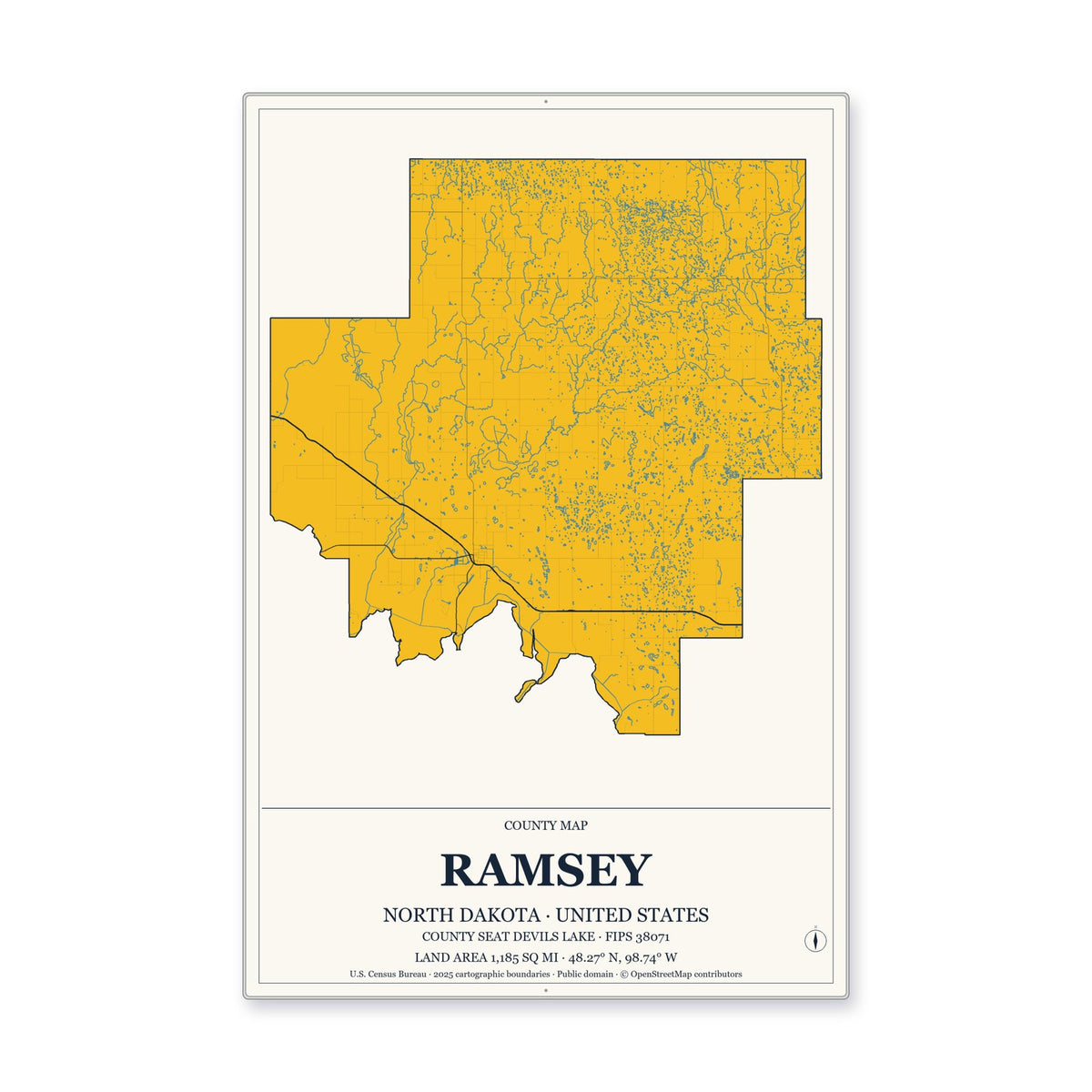 Ramsey County, North Dakota Map Aluminum Sign in Citrine Modern style