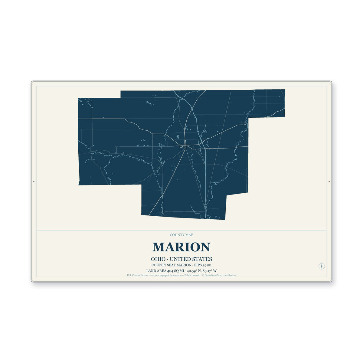 Marion County, Ohio Map Aluminum Sign in Coastal Cutout style