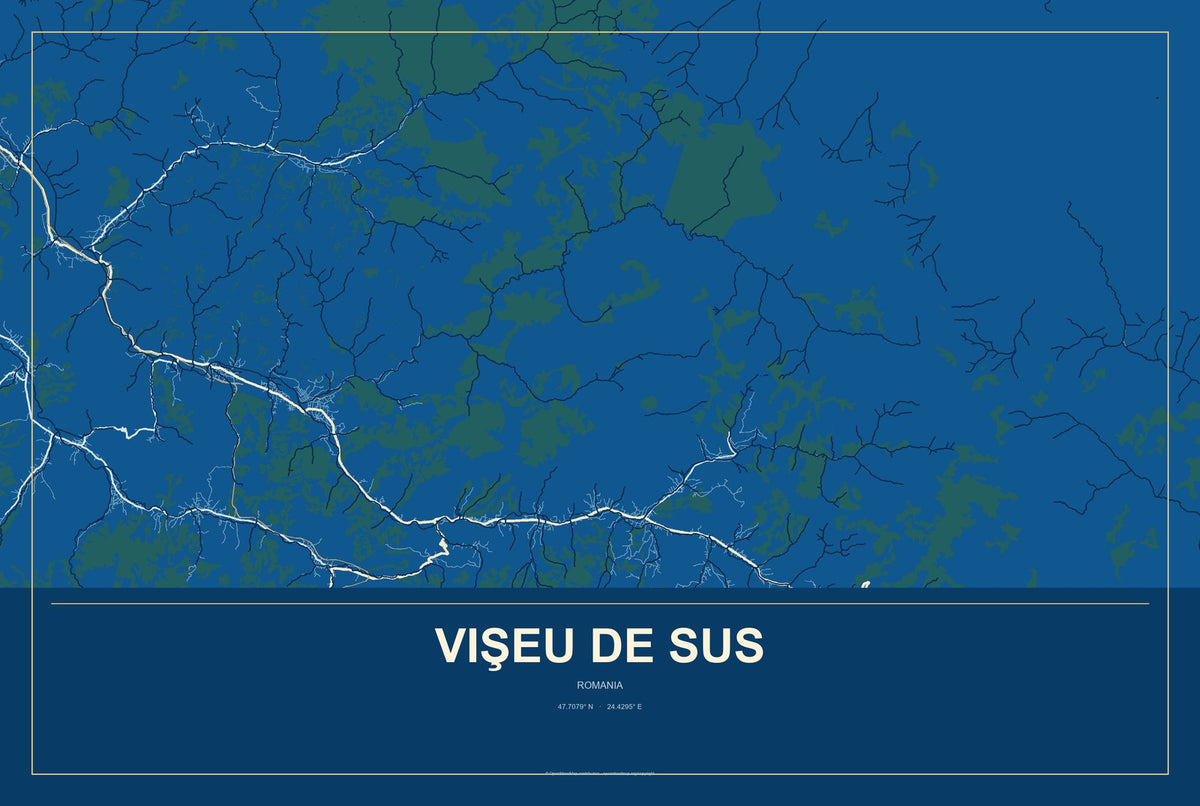 Vişeu de Sus, Romania City Map Aluminum Sign in Harbor Cobalt style