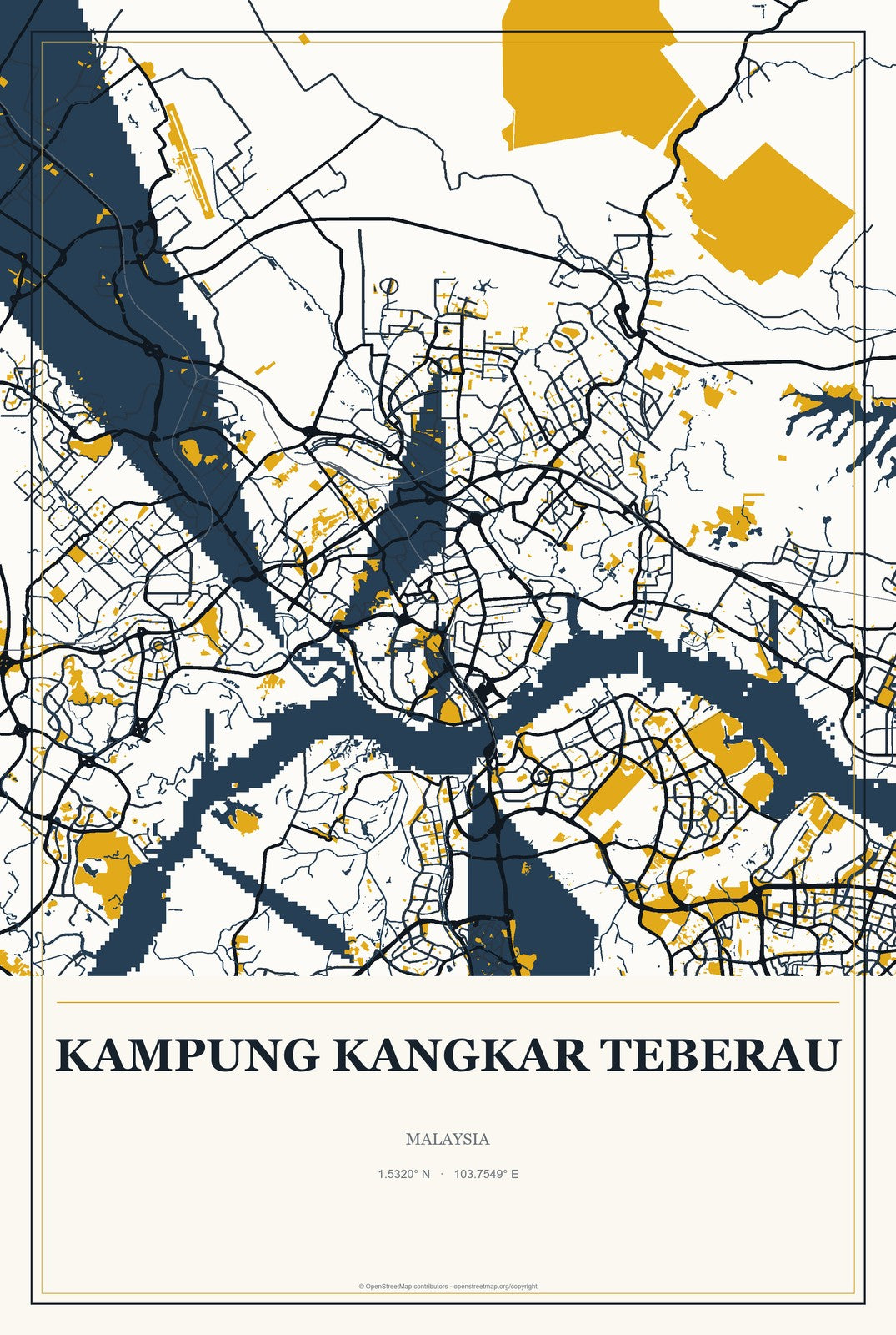 Kampung Kangkar Teberau, Malaysia City Map Aluminum Sign in Citrine Modern style