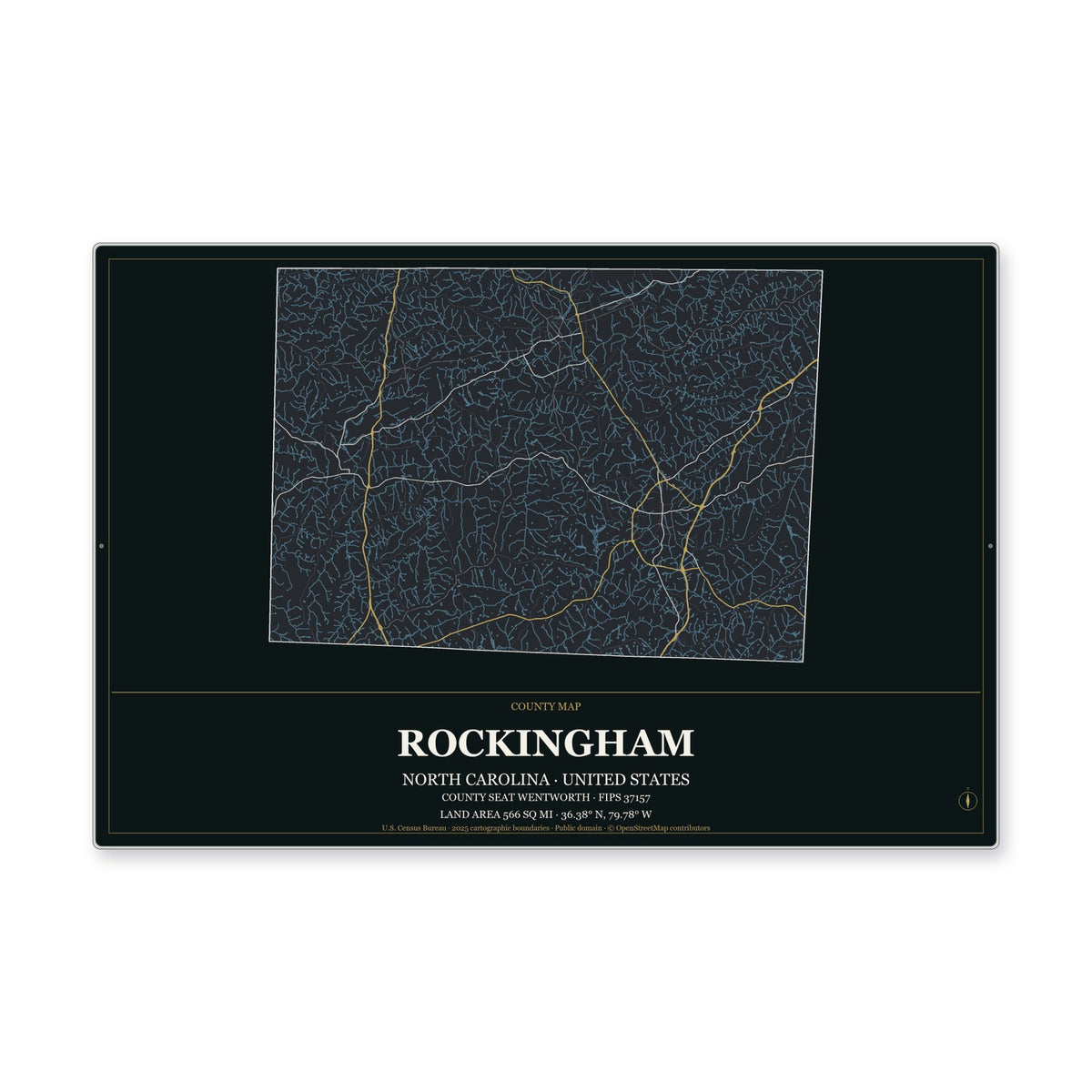 Rockingham County, North Carolina Map Aluminum Sign in Metropolitan Noir style