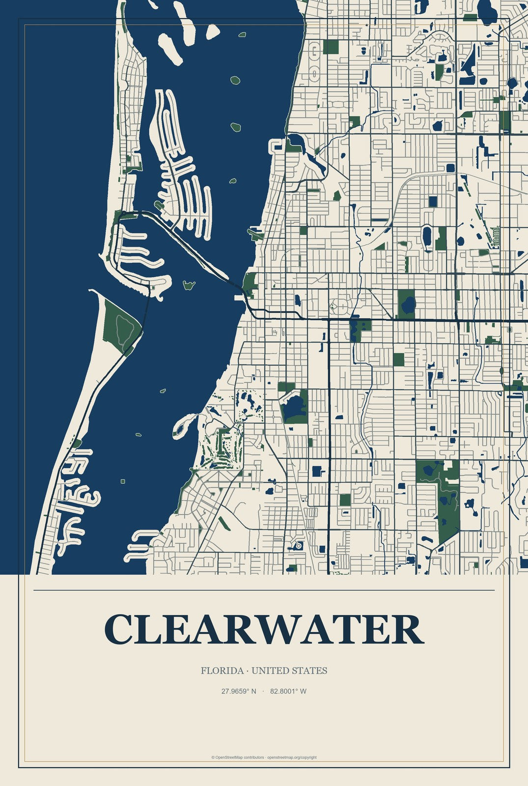Clearwater, Florida City Map Aluminum Sign in Coastal Cutout style