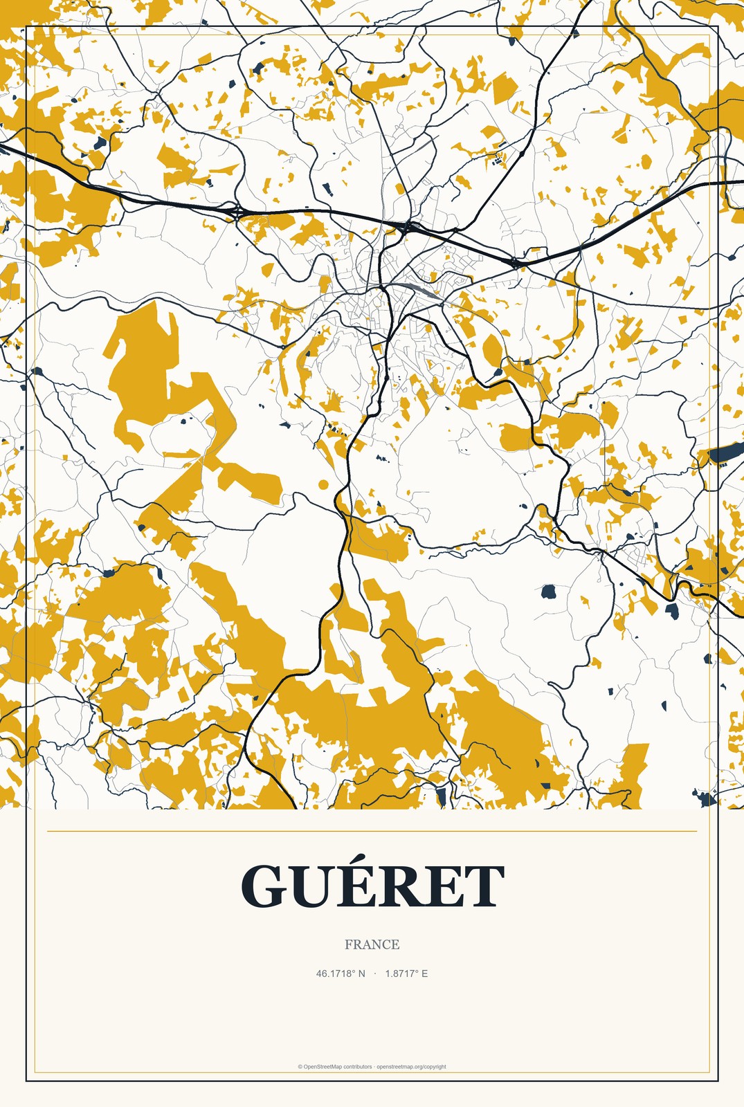 Guéret, France City Map Aluminum Sign in Citrine Modern style