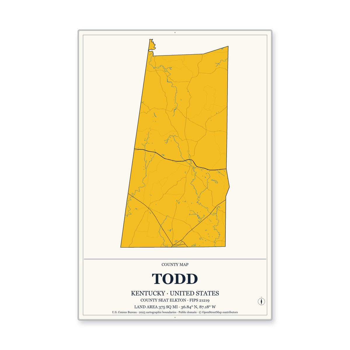Todd County, Kentucky Map Aluminum Sign in Citrine Modern style