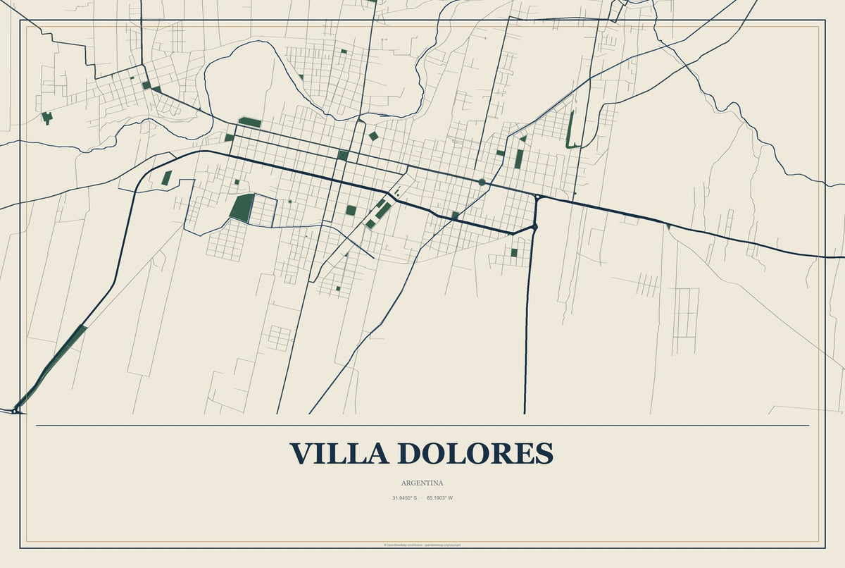 Villa Dolores, Argentina City Map Aluminum Sign in Coastal Cutout style