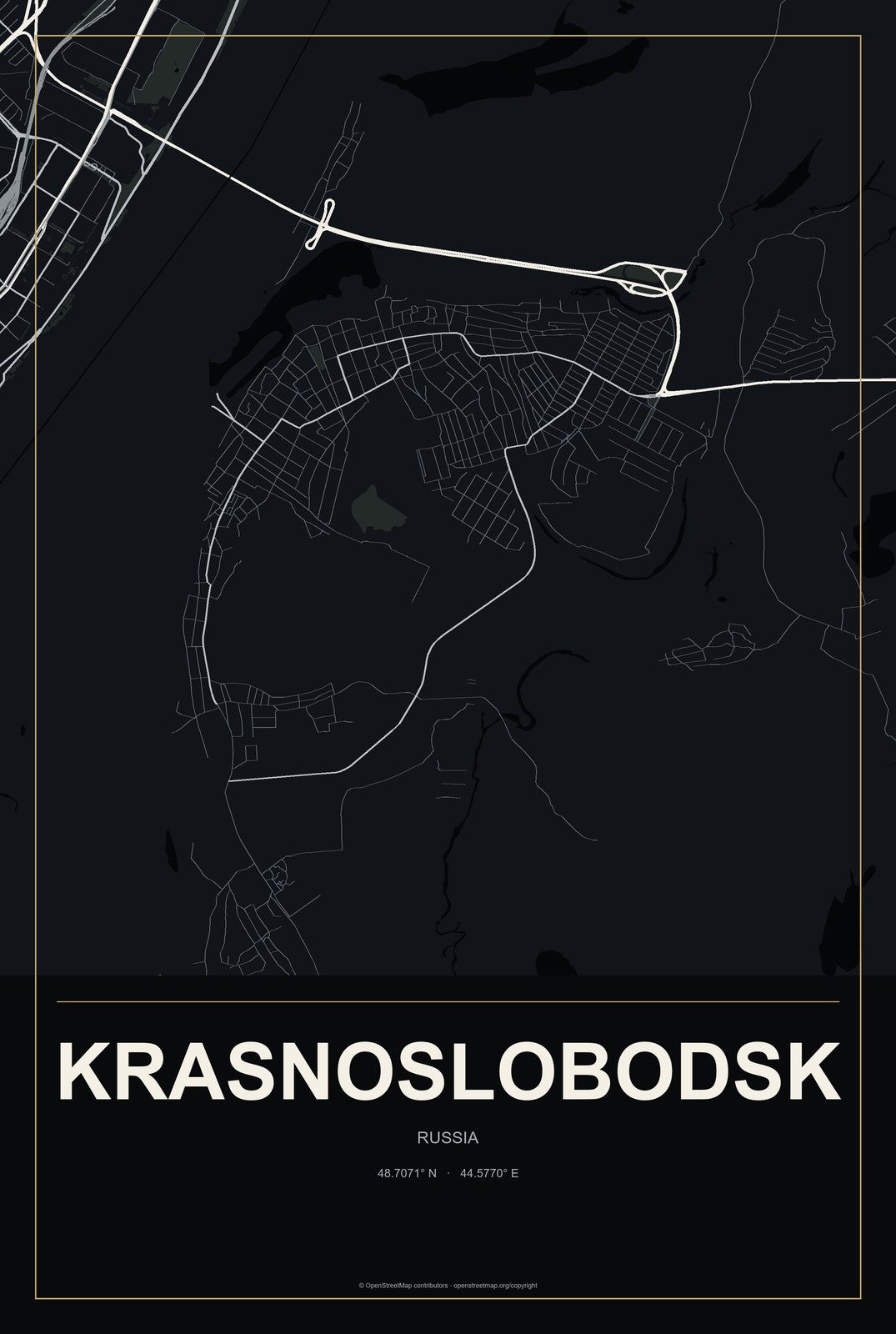 Krasnoslobodsk, Mordoviya Republic, Russia City Map Aluminum Sign in Metropolitan Noir style