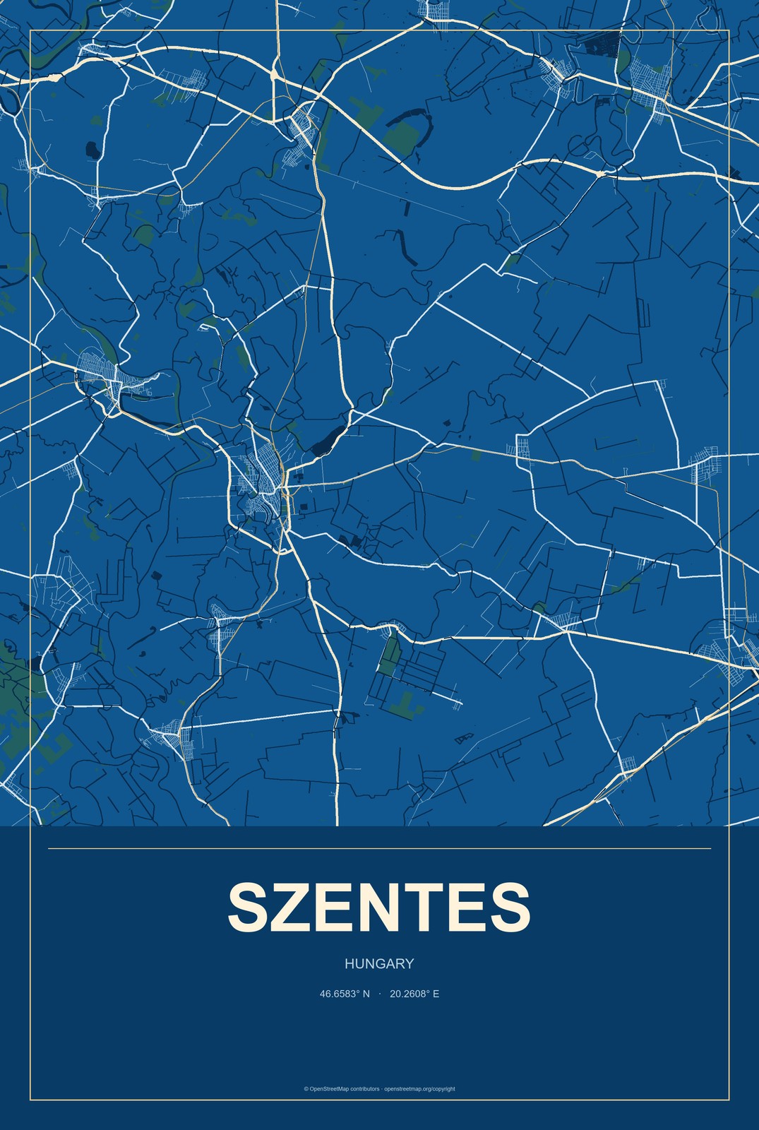 Szentes, Hungary City Map Aluminum Sign in Harbor Cobalt style