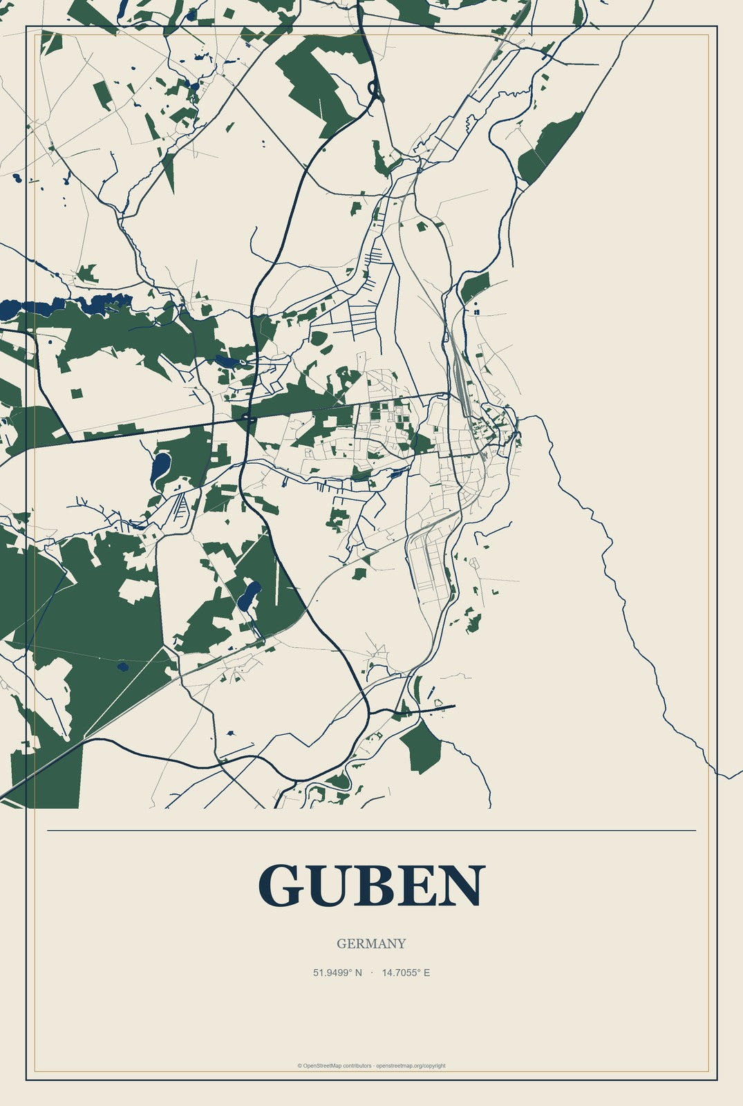 Guben, Germany City Map Aluminum Sign in Coastal Cutout style