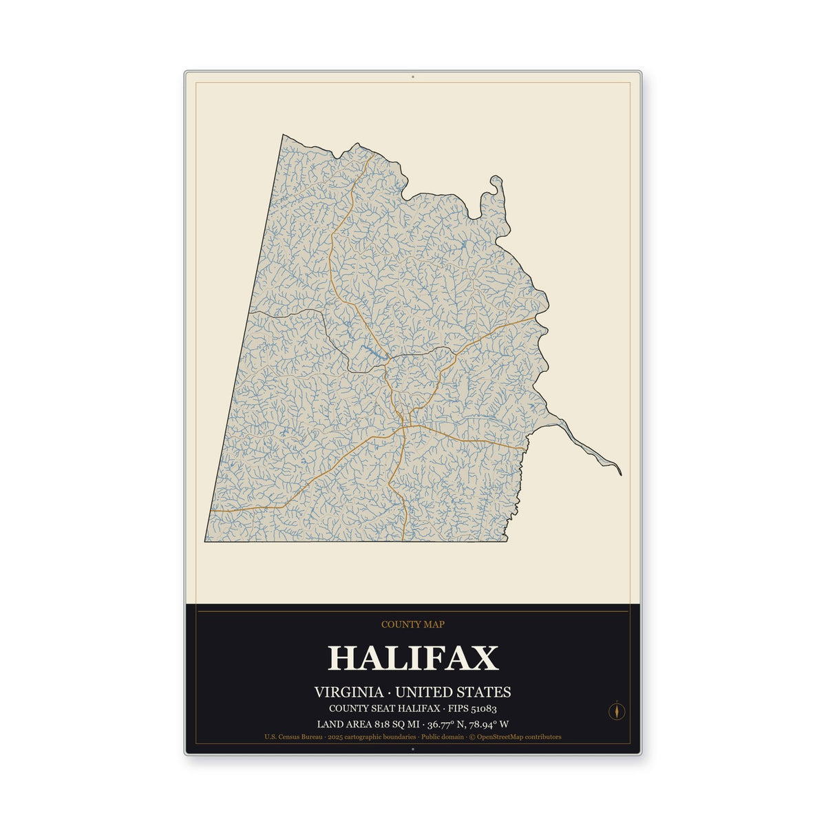 Halifax County, Virginia Map Aluminum Sign in Museum Plaque style