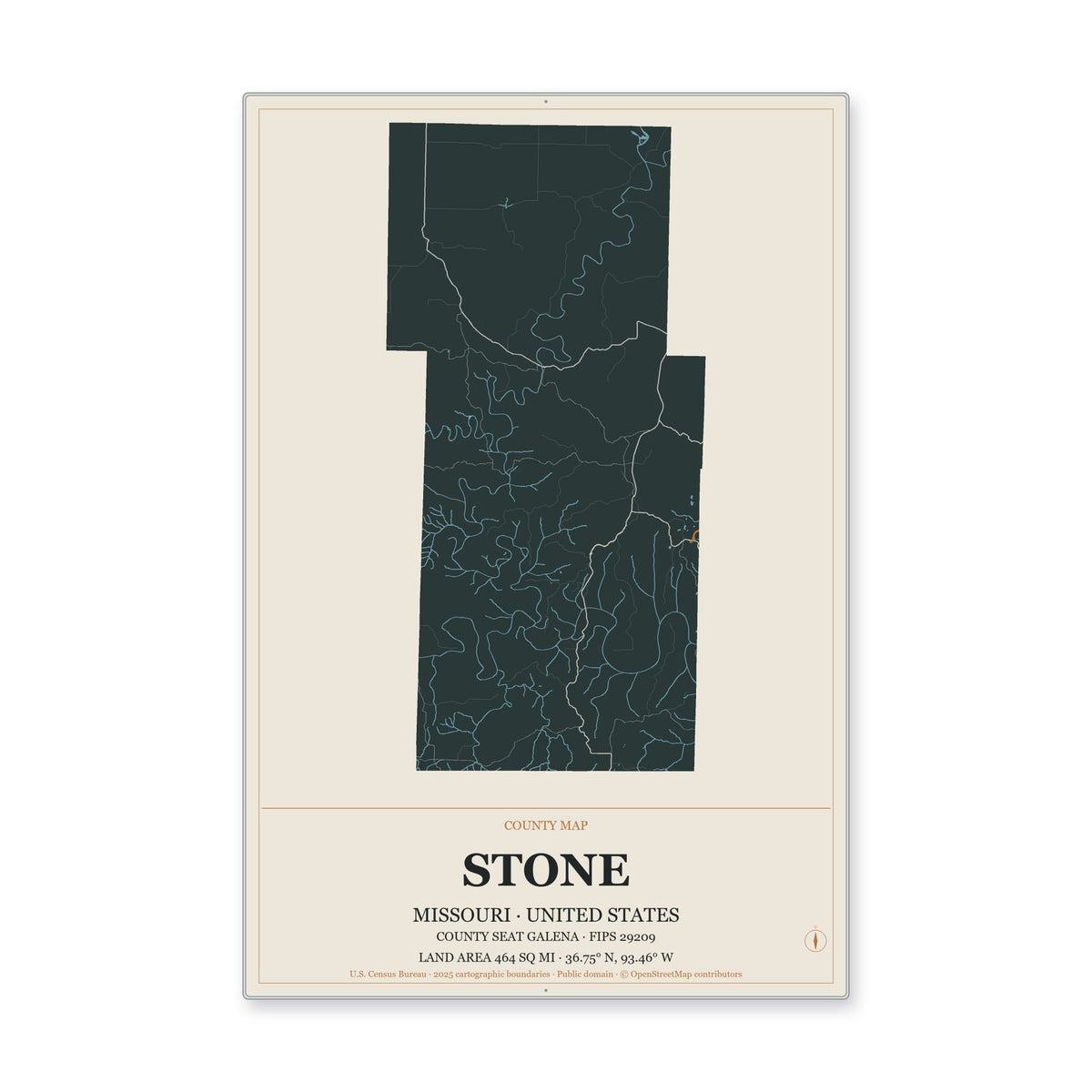 Stone County, Missouri Map Aluminum Sign in Headline Atlas style