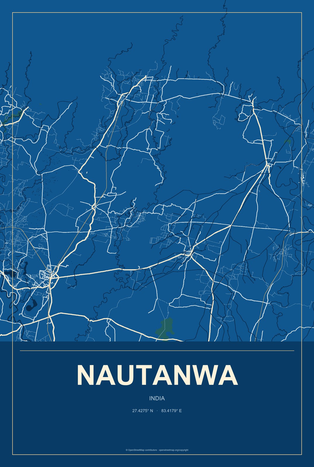 Nautanwa, India City Map Aluminum Sign in Harbor Cobalt style