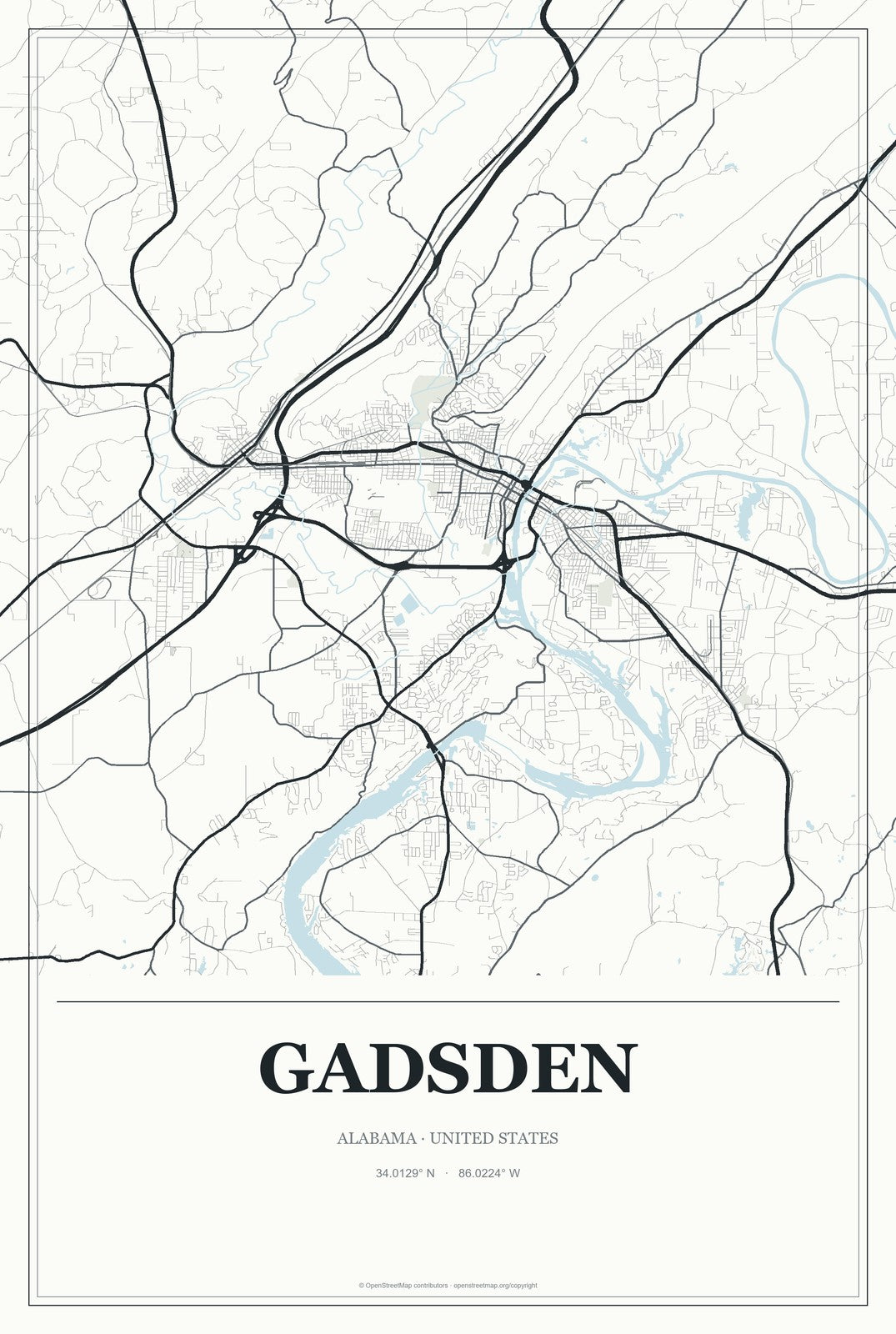 Gadsden, Alabama City Map Aluminum Sign in Gallery Air style