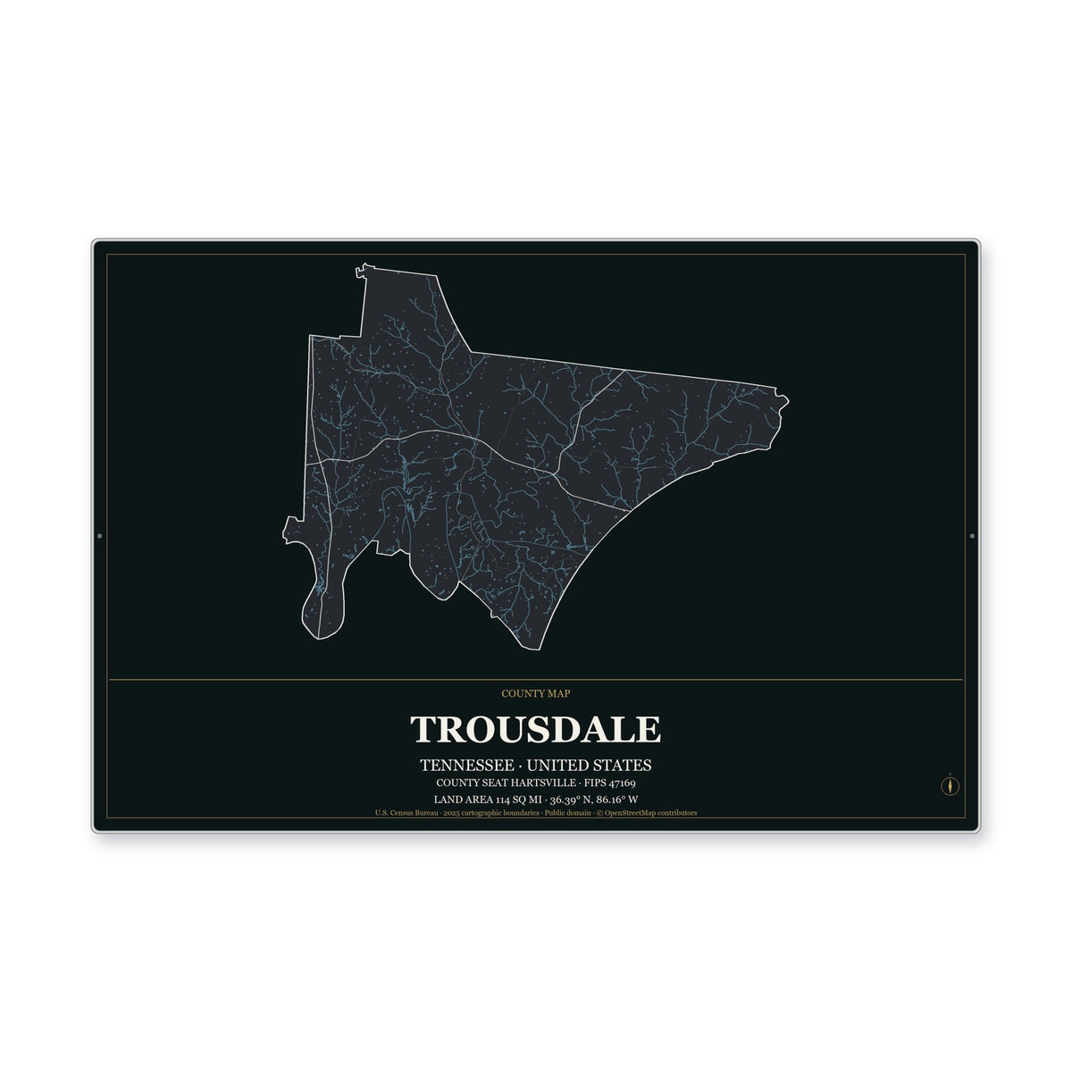 Trousdale County, Tennessee Map Aluminum Sign in Metropolitan Noir style