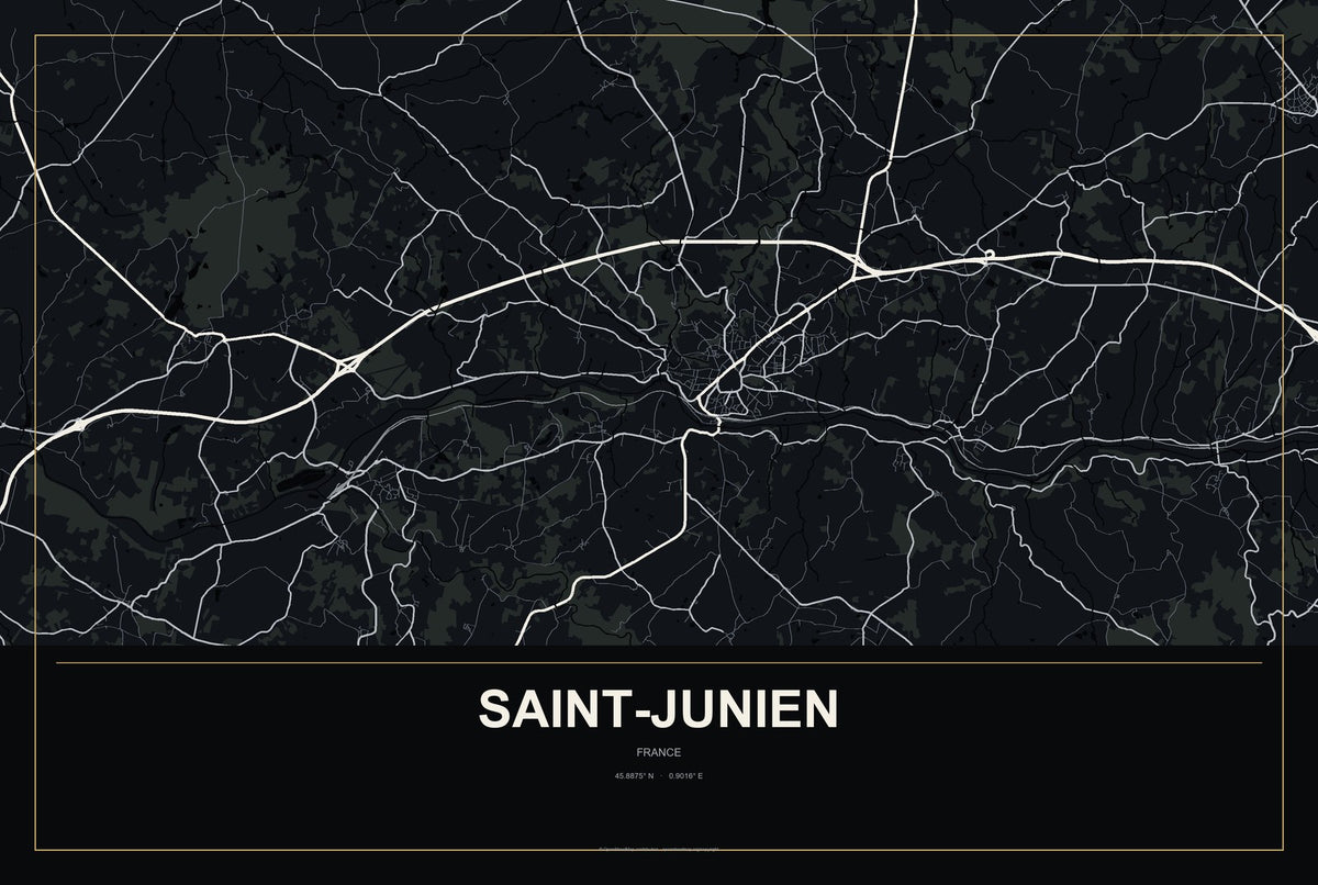 Saint-Junien, France City Map Aluminum Sign in Metropolitan Noir style