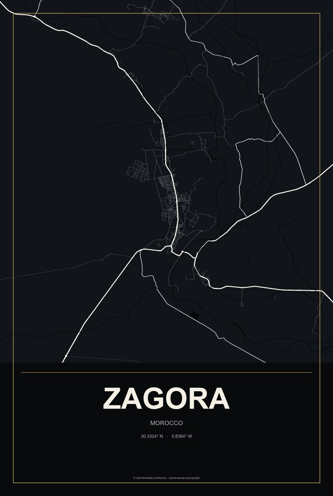 Zagora, Morocco City Map Aluminum Sign in Metropolitan Noir style
