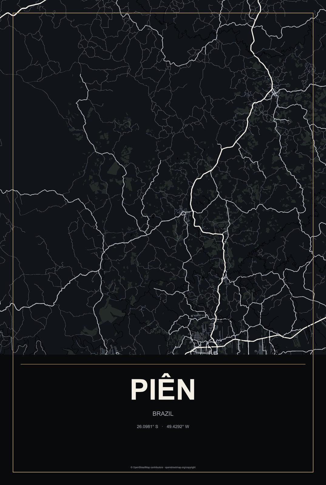 Piên, Brazil City Map Aluminum Sign in Metropolitan Noir style