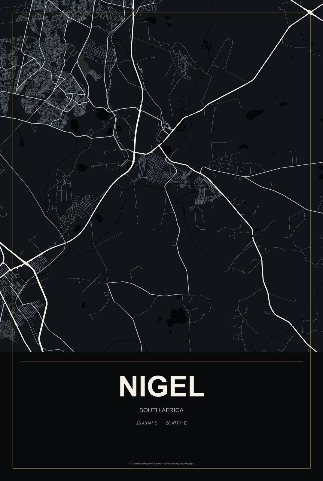 Nigel, South Africa City Map Aluminum Sign in Metropolitan Noir style