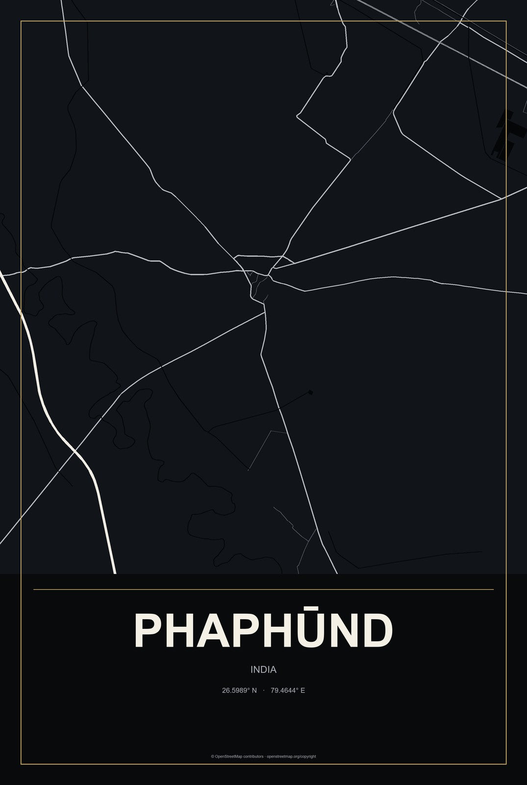 Phaphūnd, India City Map Aluminum Sign in Metropolitan Noir style