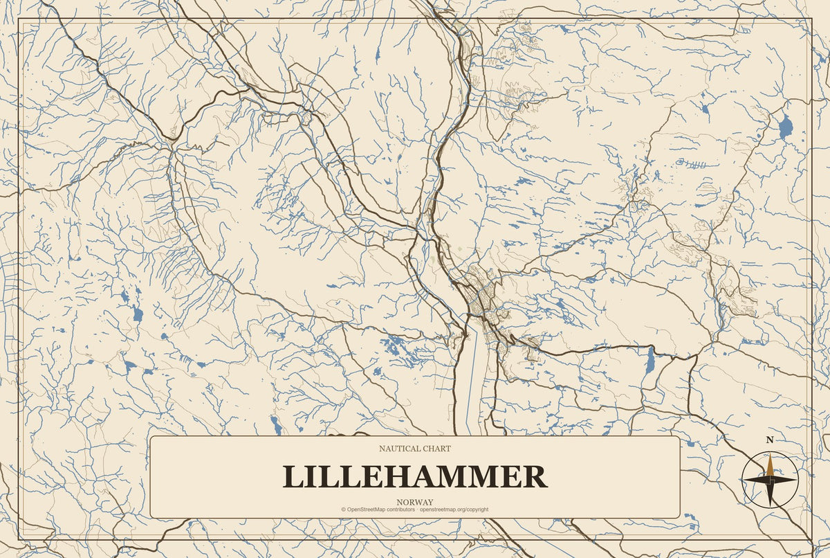 Lillehammer, Norway City Map Aluminum Sign in Heritage Nautical style