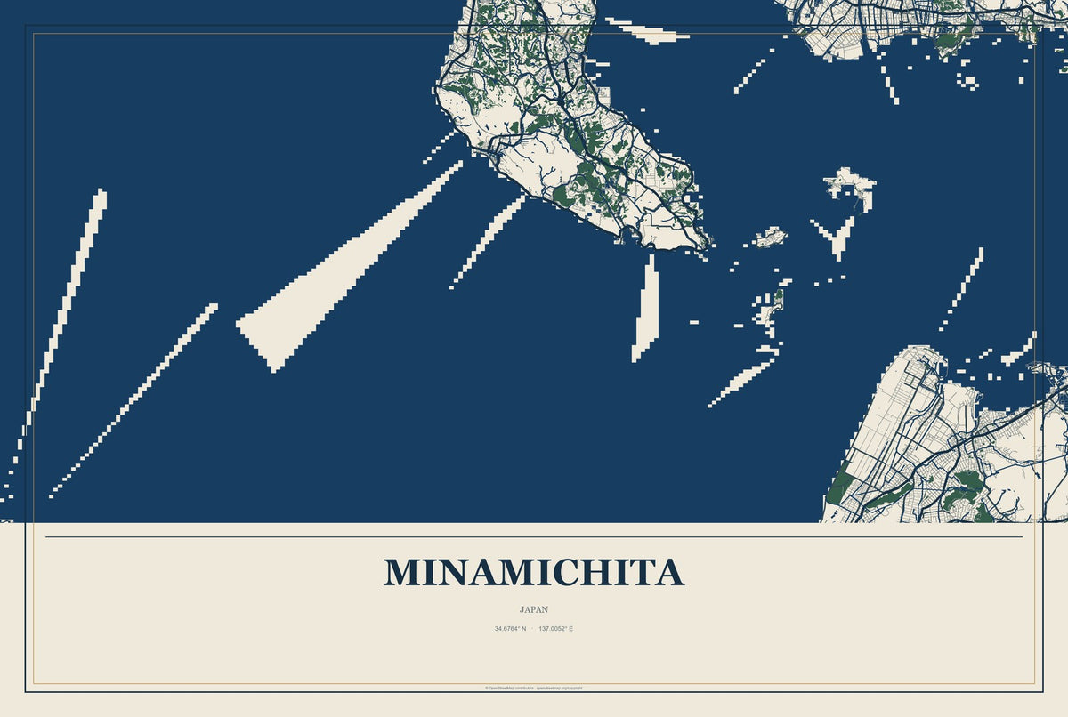 Minamichita, Japan City Map Aluminum Sign in Coastal Cutout style