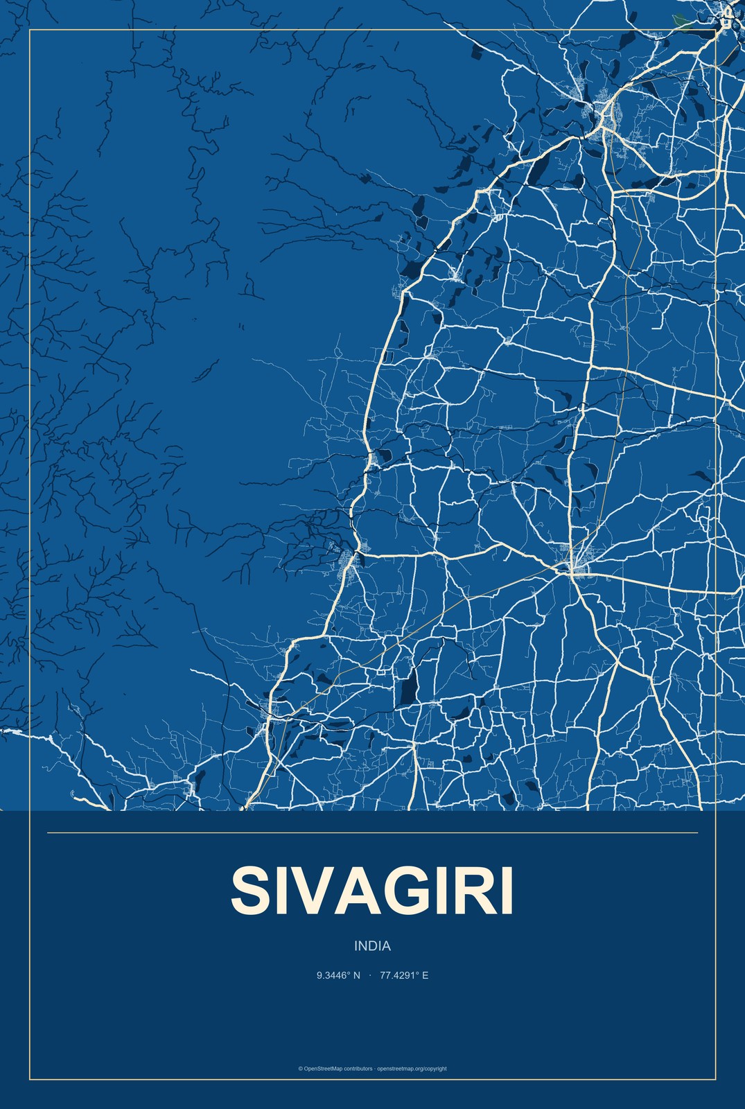 Sivagiri, India City Map Aluminum Sign in Harbor Cobalt style