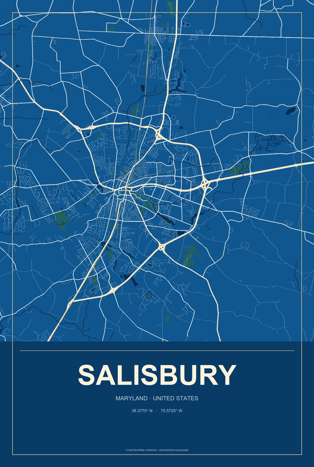 Salisbury, Maryland City Map Aluminum Sign in Harbor Cobalt style