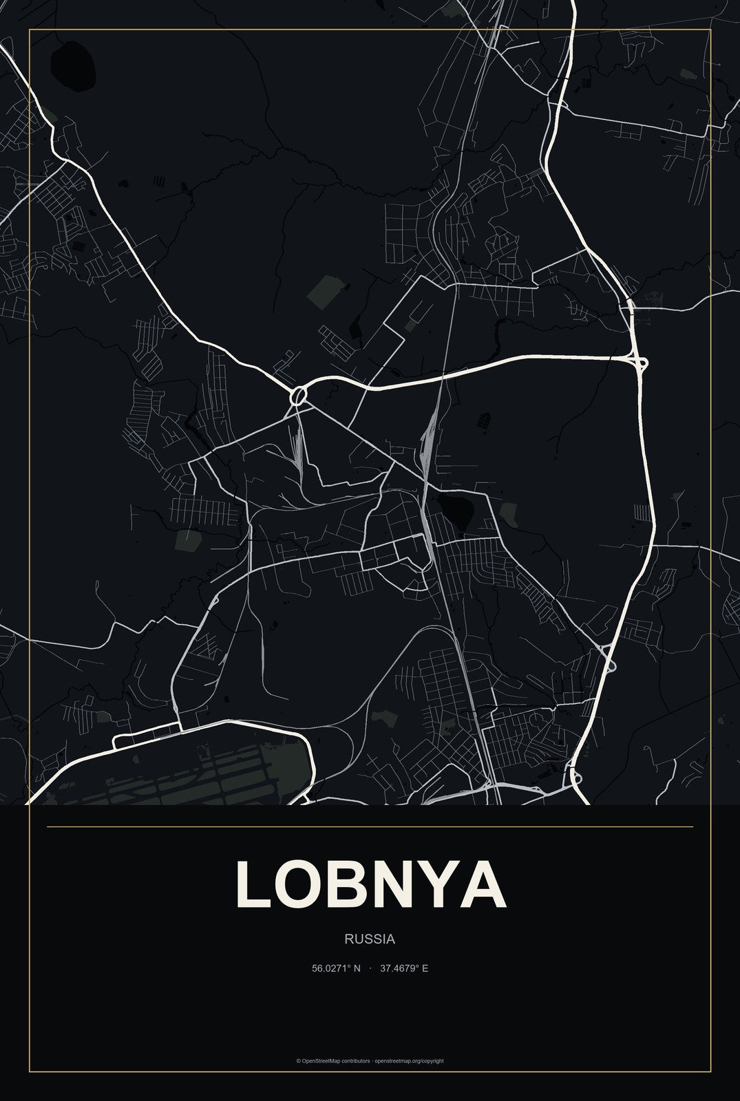 Lobnya, Russia City Map Aluminum Sign in Metropolitan Noir style