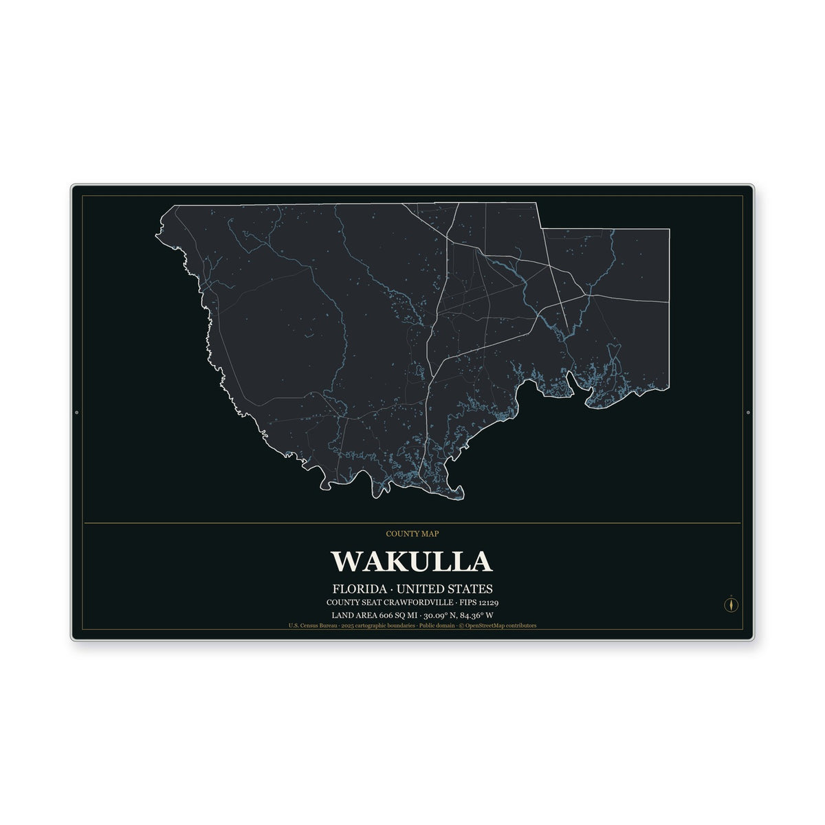 Wakulla County, Florida Map Aluminum Sign in Metropolitan Noir style