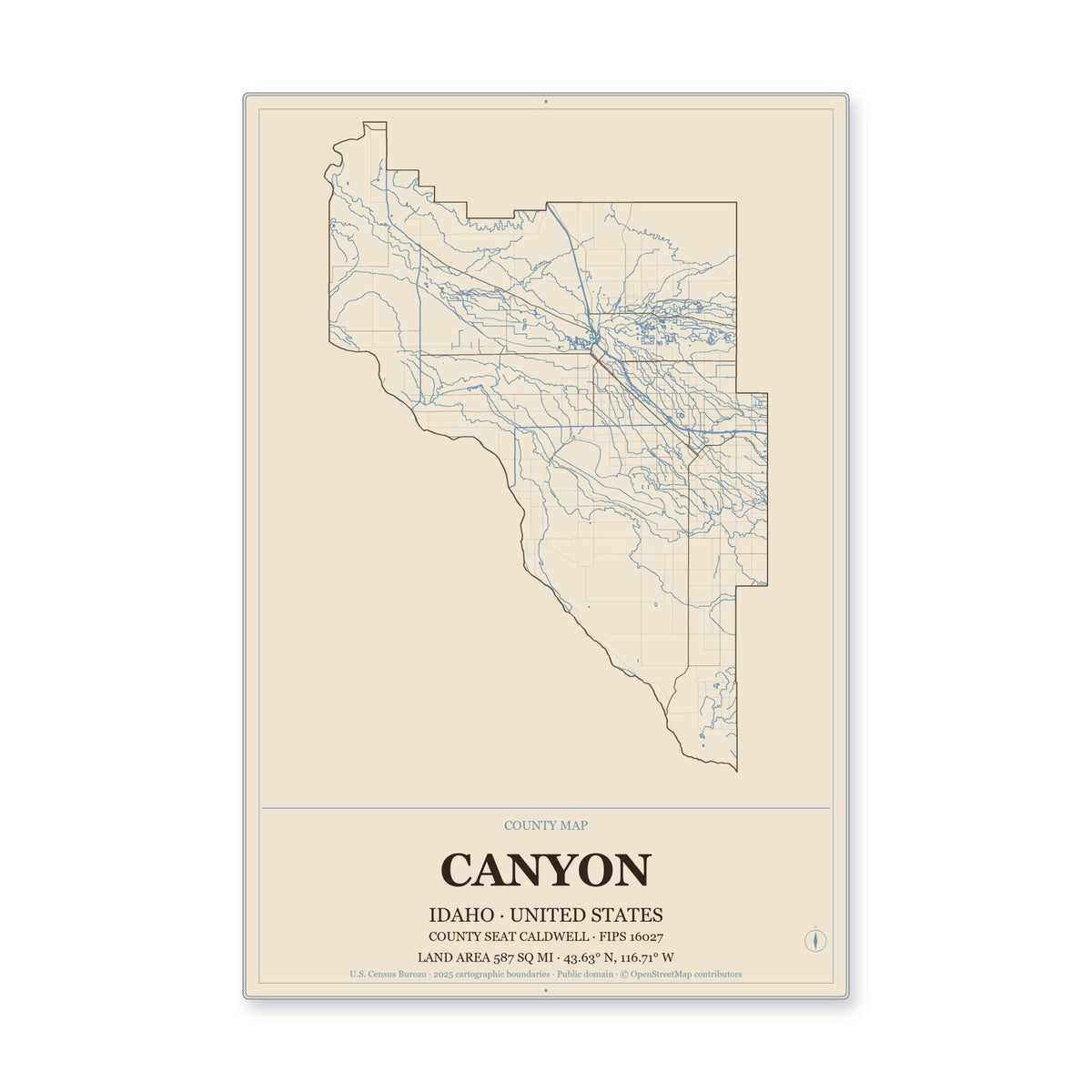 Canyon County, Idaho Map Aluminum Sign in Heritage Nautical style