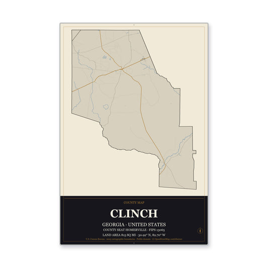 Clinch County, Georgia Map Aluminum Sign in Museum Plaque style