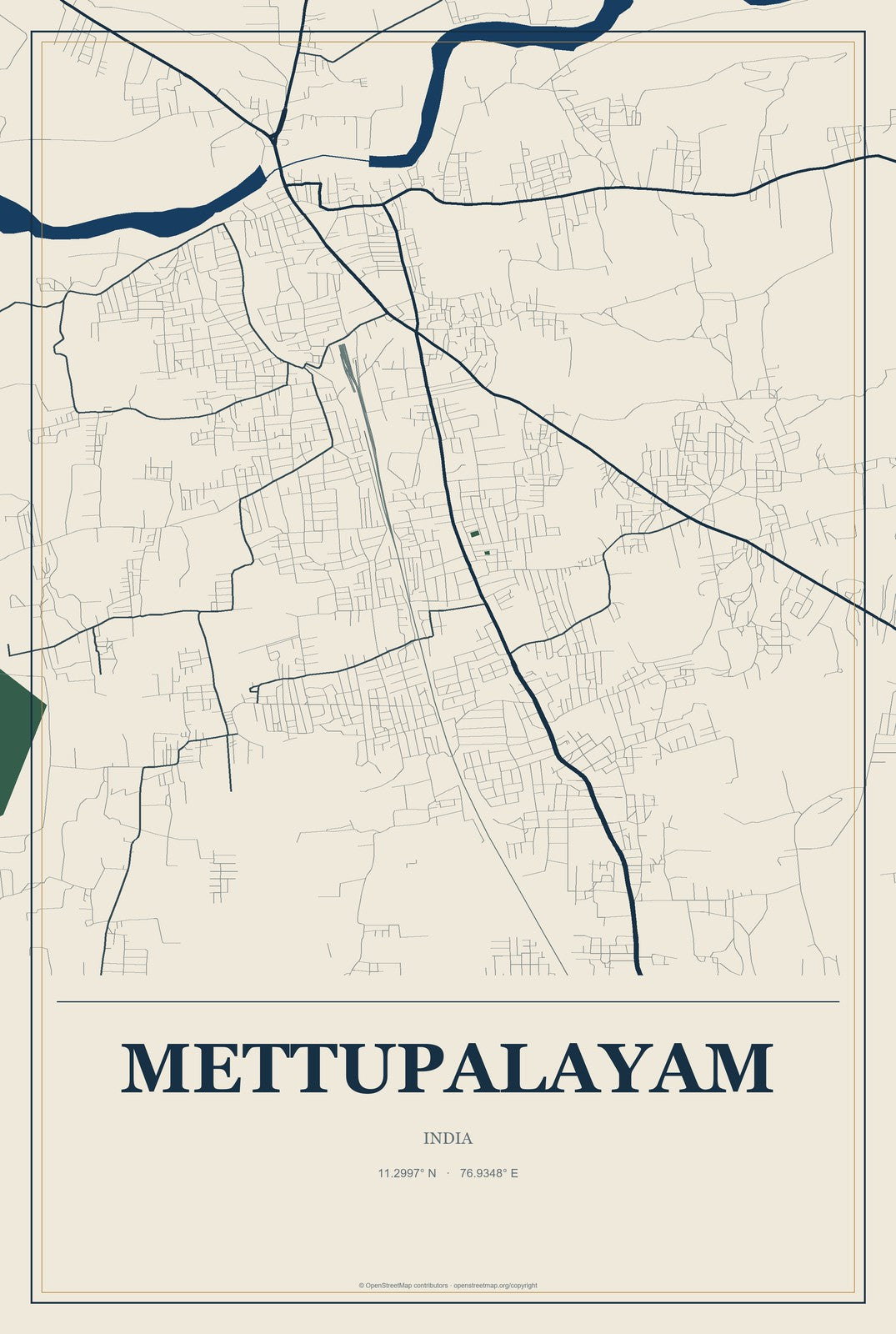 Mettupalayam, India City Map Aluminum Sign in Coastal Cutout style
