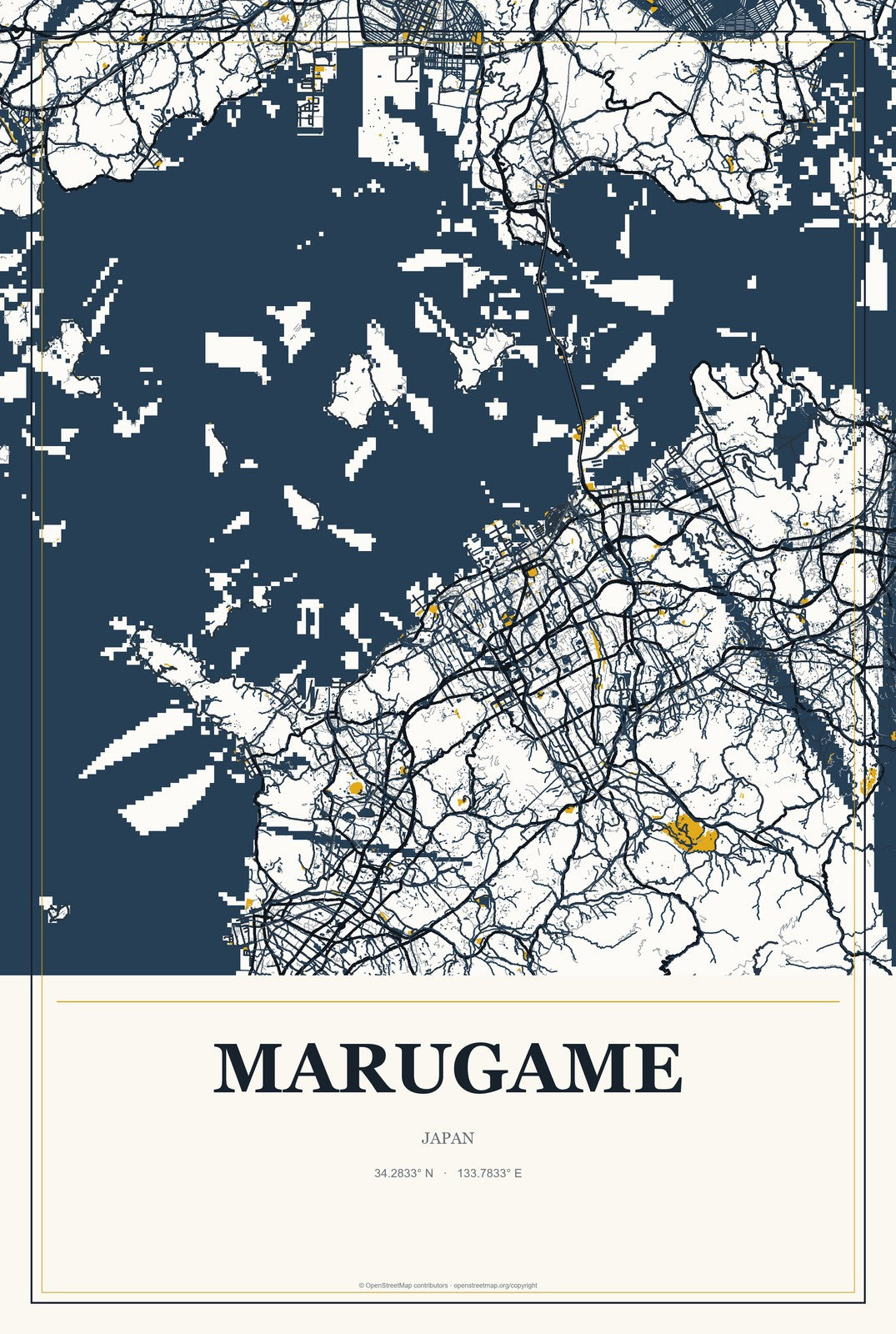 Marugame, Japan City Map Aluminum Sign in Citrine Modern style