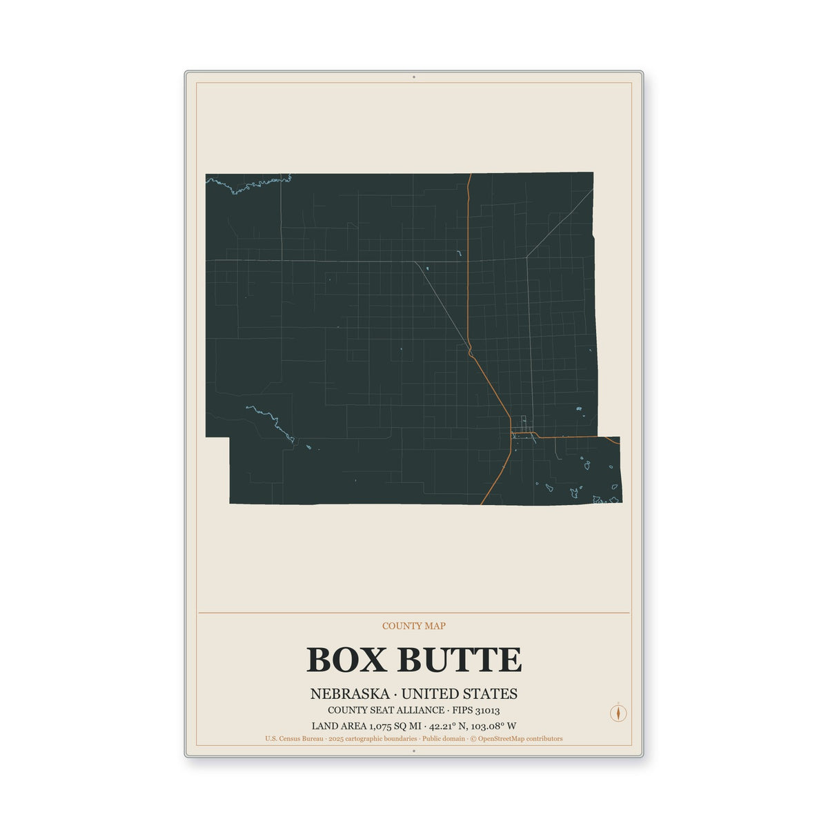 Box Butte County, Nebraska Map Aluminum Sign in Headline Atlas style