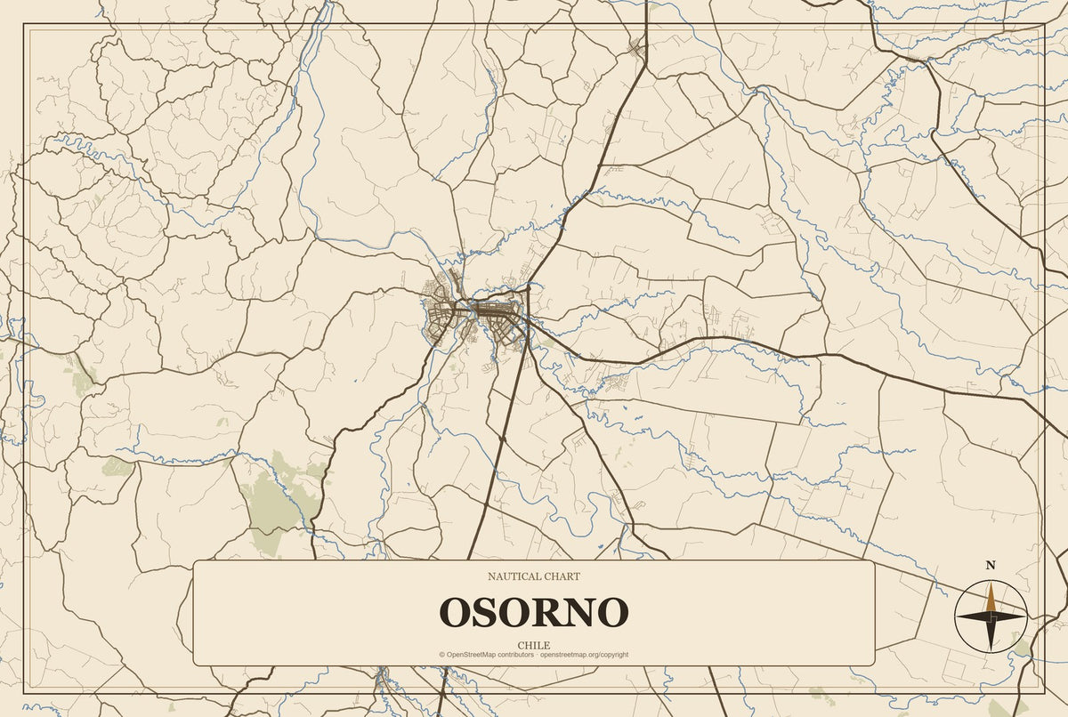 Osorno, Chile City Map Aluminum Sign in Heritage Nautical style