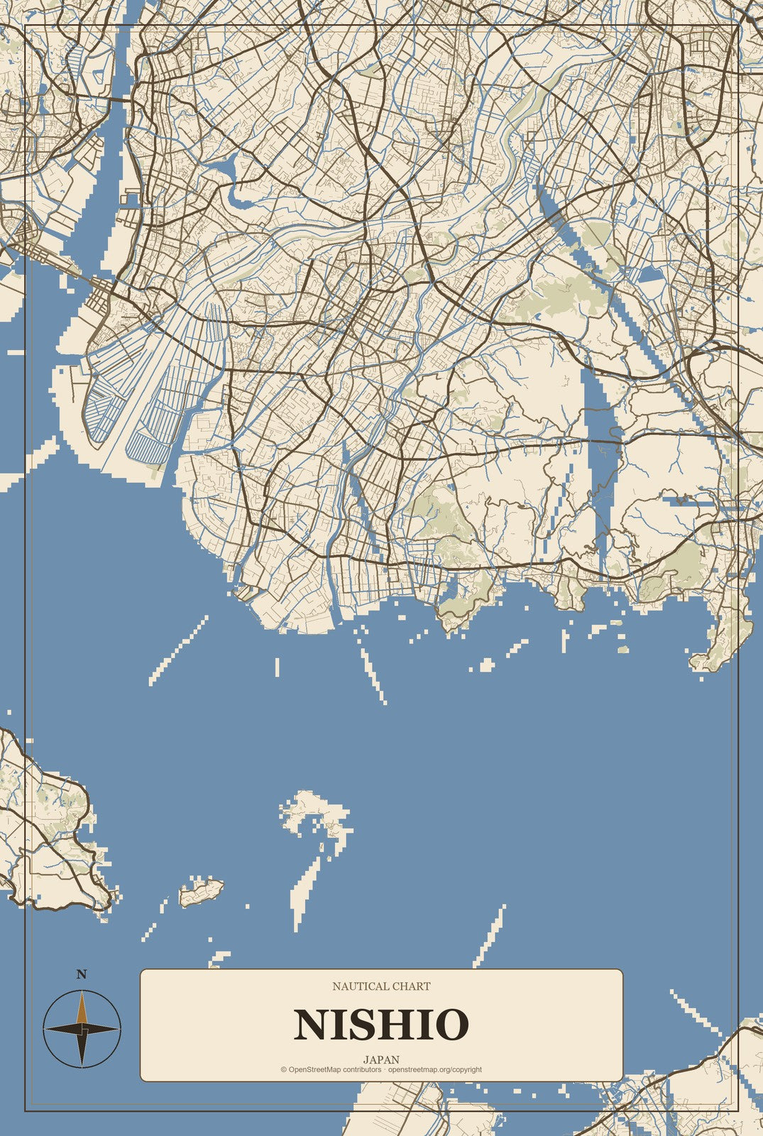 Nishio, Japan City Map Aluminum Sign in Heritage Nautical style