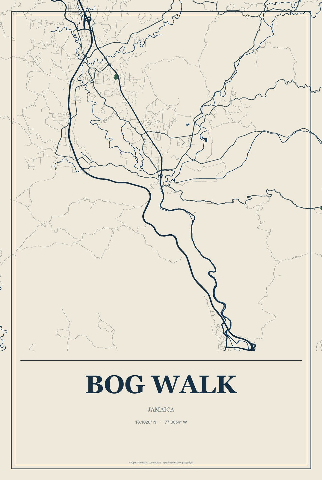 Bog Walk, Jamaica City Map Aluminum Sign in Coastal Cutout style