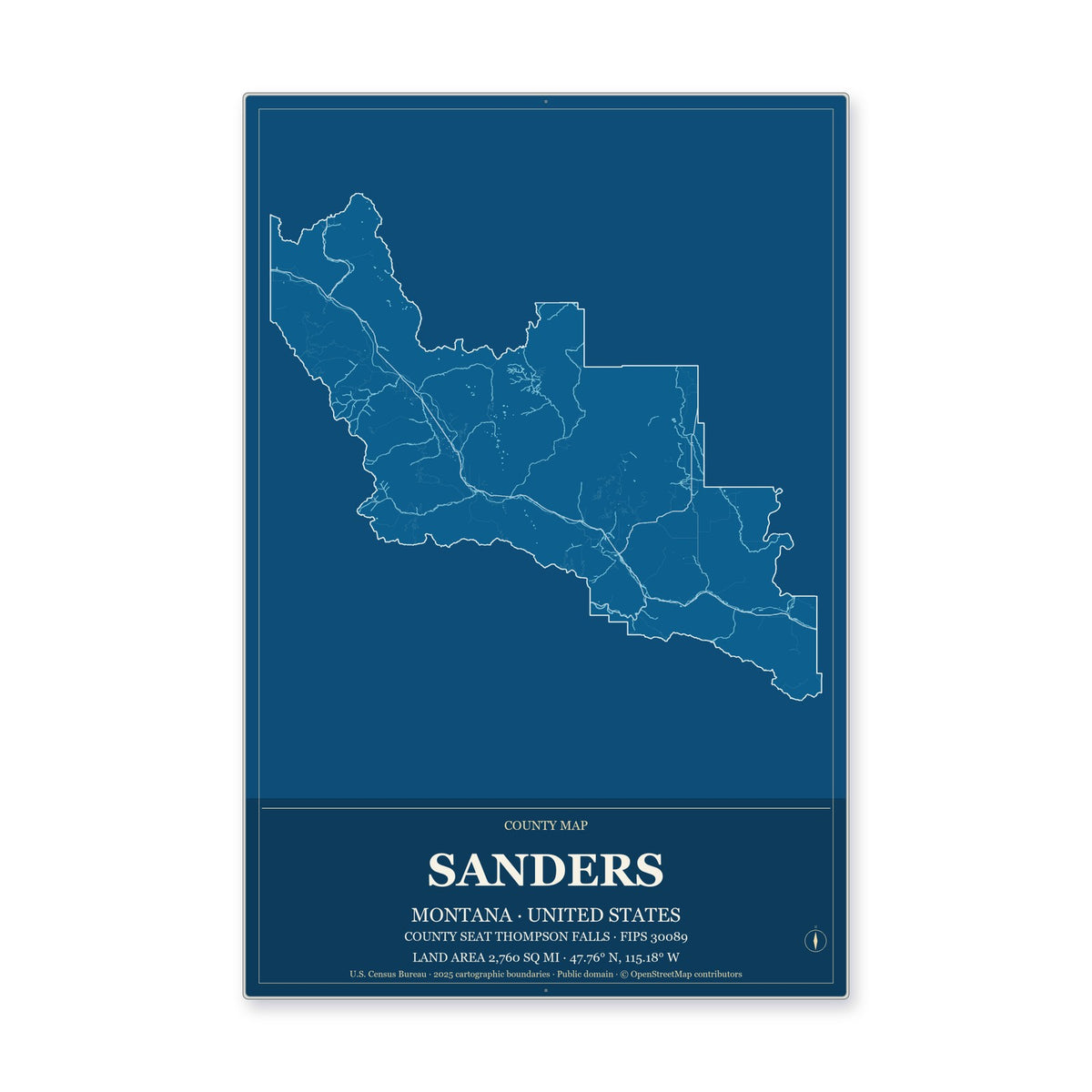 Sanders County, Montana Map Aluminum Sign in Harbor Cobalt style