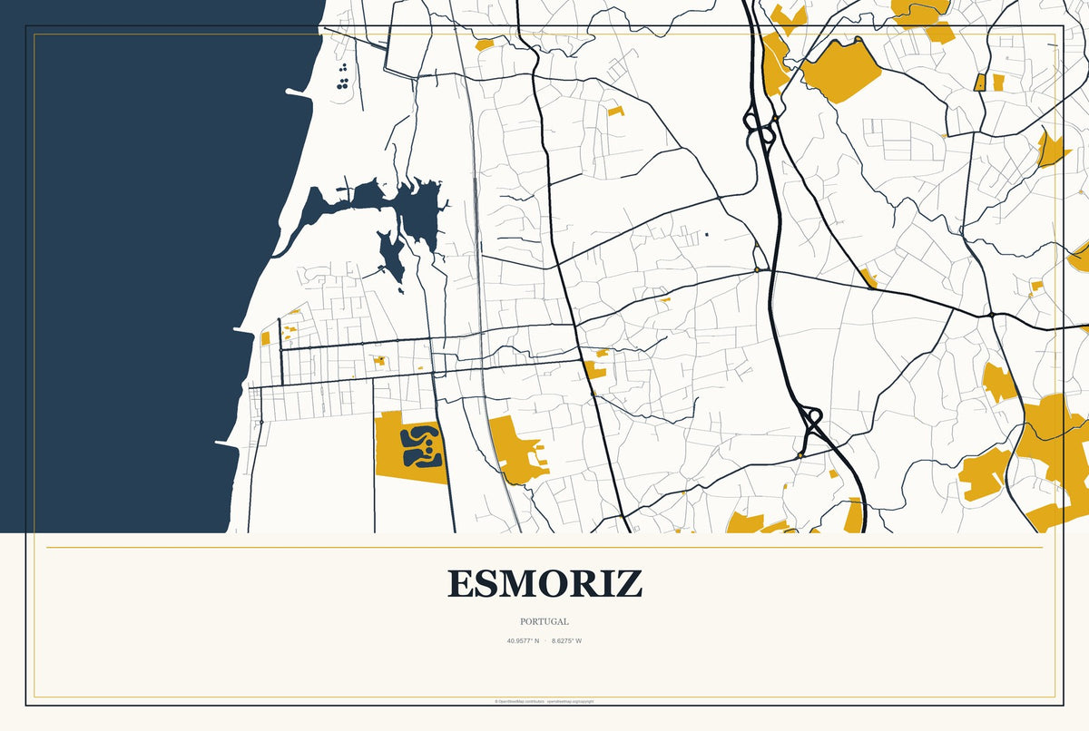 Esmoriz, Portugal City Map Aluminum Sign in Citrine Modern style