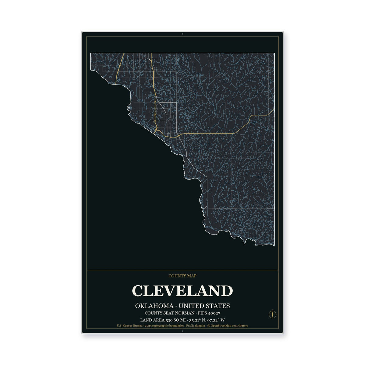 Cleveland County, Oklahoma Map Aluminum Sign in Metropolitan Noir style