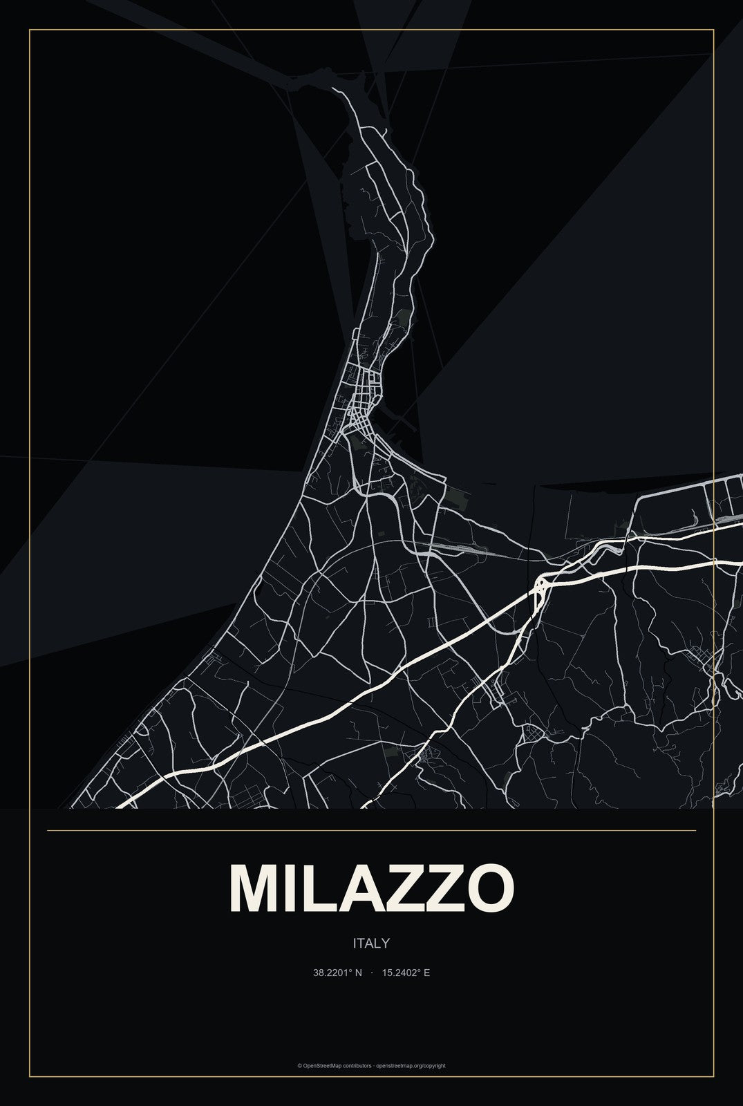 Milazzo, Italy City Map Aluminum Sign in Metropolitan Noir style